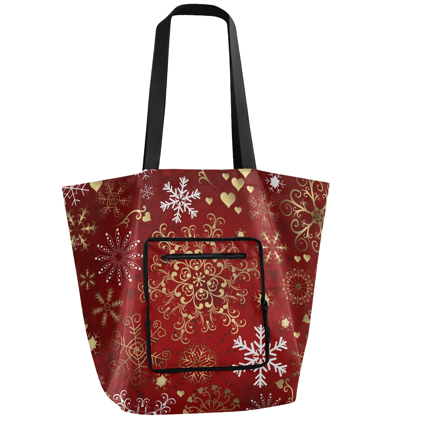 ALAZA Merry Christmas Snowflake New Year Xmas Large Reusable Tote Bag - Foldable Lightweight Grocery Shopping Bag with Handles for Outdoors, Picnic, Travel, Holiday Gift Giving & Seasonal Celebrations