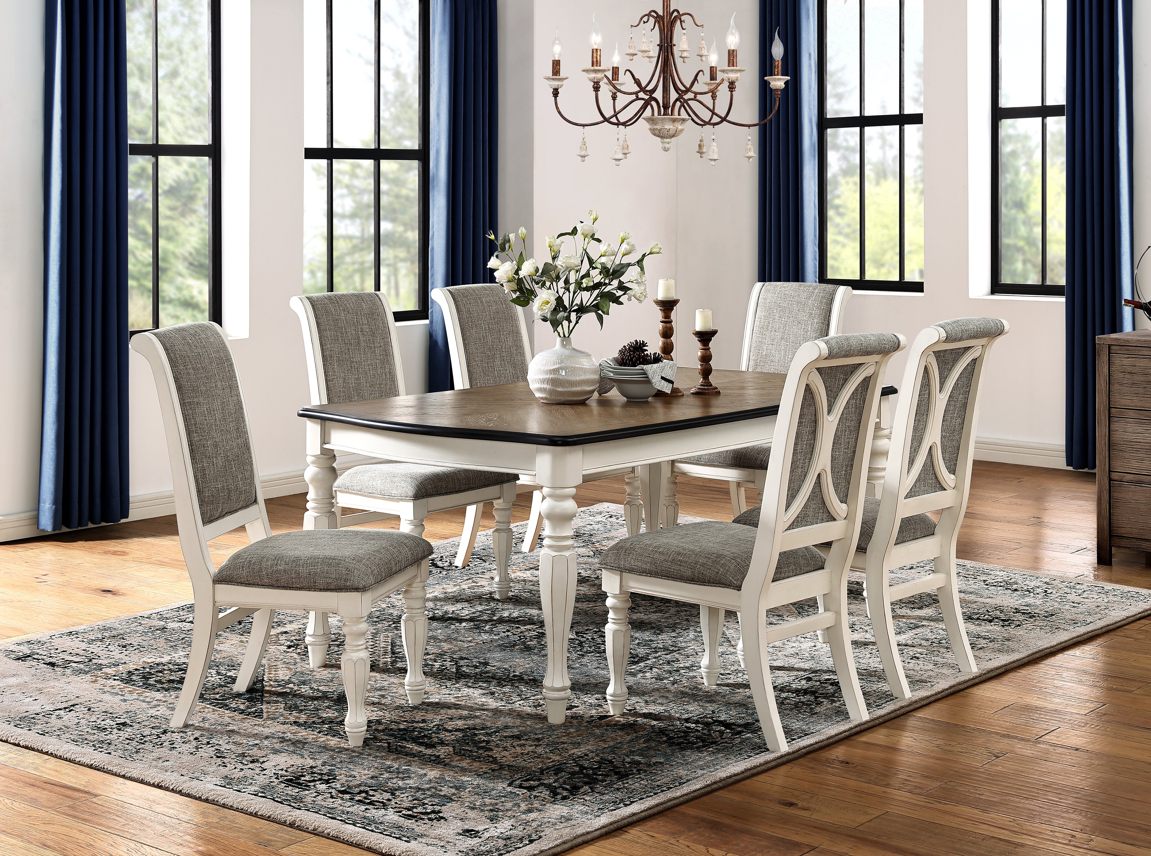 Roundhill Furniture Belleza French Country 7-Piece Dining Set - Antique White & Weathered Oak Finish Dining Table with Chairs for Farmhouse Kitchen & Dining Room Decor