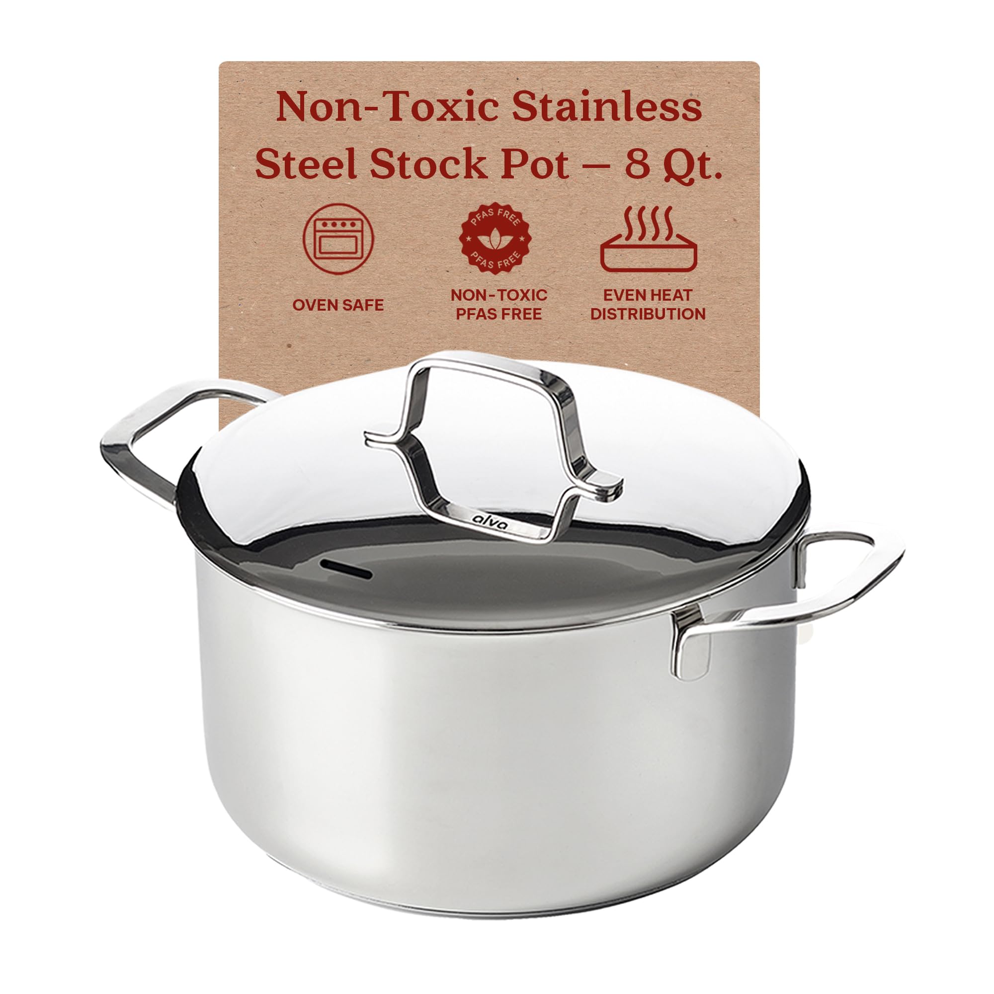Alva Maestro 8 Qt Stainless Steel Stock Pot with Lid - 18/10 Professional Grade Non-Toxic Cooking Pot - PFAS/PFOA/PTFE Free - Induction & All Stovetop Compatible - Oven Safe - Perfect for Soups, Stews, Pasta & Large Family Meals