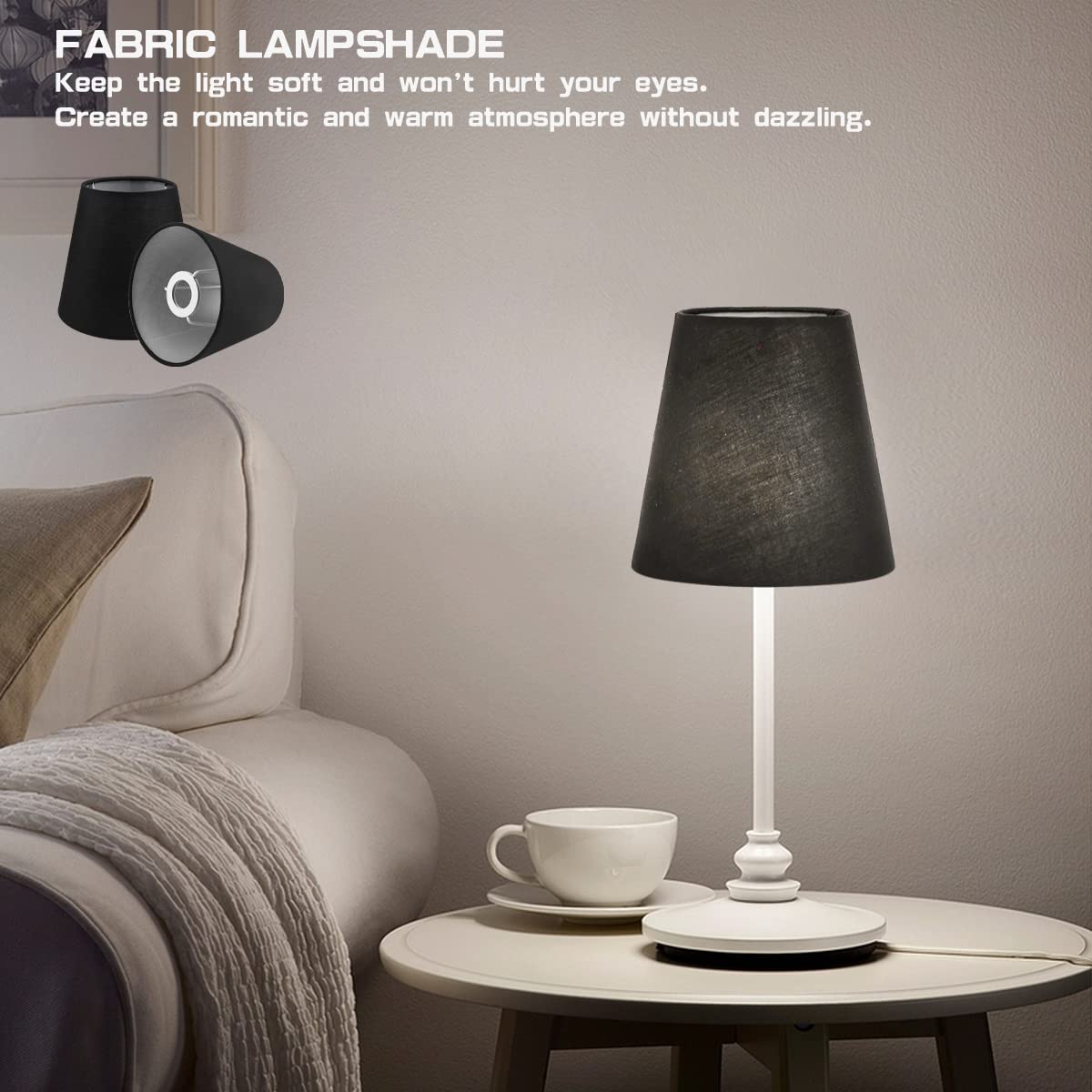 2-Pack Small Linen Lamp Shades - Clip-On Barrel Fabric Lamp Covers for Bulbs - Black Linen Replacement Shades for Bedroom, Nightstand, Wall & Table Lamps - Perfect for Cozy Lighting & Home Decor