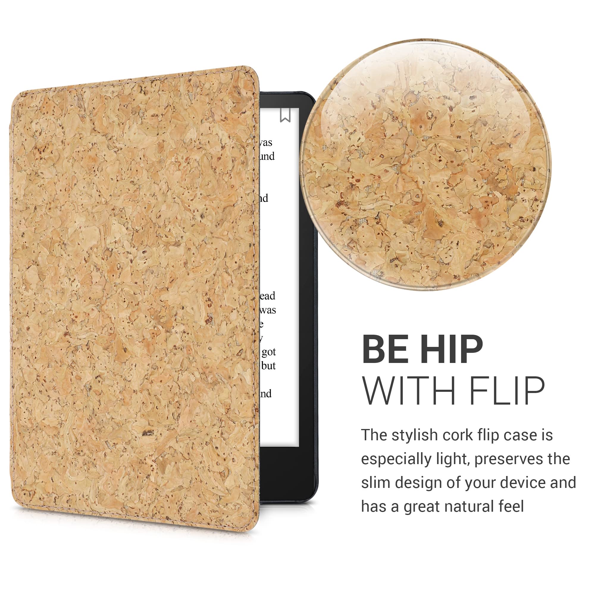 kwmobile Cork Case for Amazon Kindle Paperwhite 11th Gen (2021) - Eco-Friendly Book Style Flip Cover | Protective Folio Case for e-Reader | Light Brown | Perfect for Reading, Travel & Daily Commute