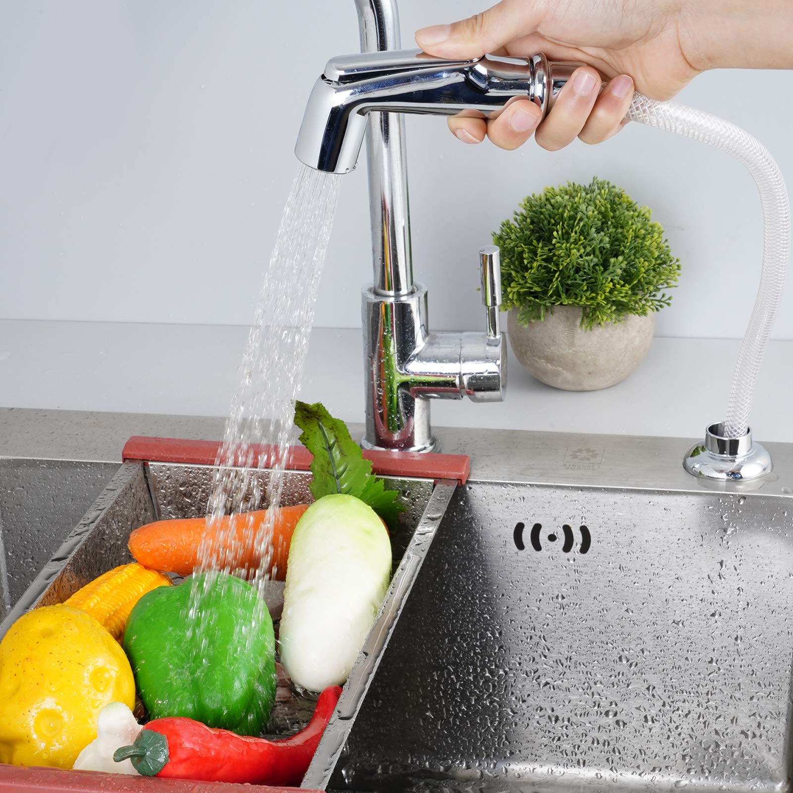 iFealClear Pull Out Kitchen Sink Sprayer - Chrome Faucet Side Spray Replacement with 1/4 Inch Connector & 3 Adapters - Compatible with Moen & Standard Sink Faucets - Perfect for Home, School & Commercial Kitchen Use