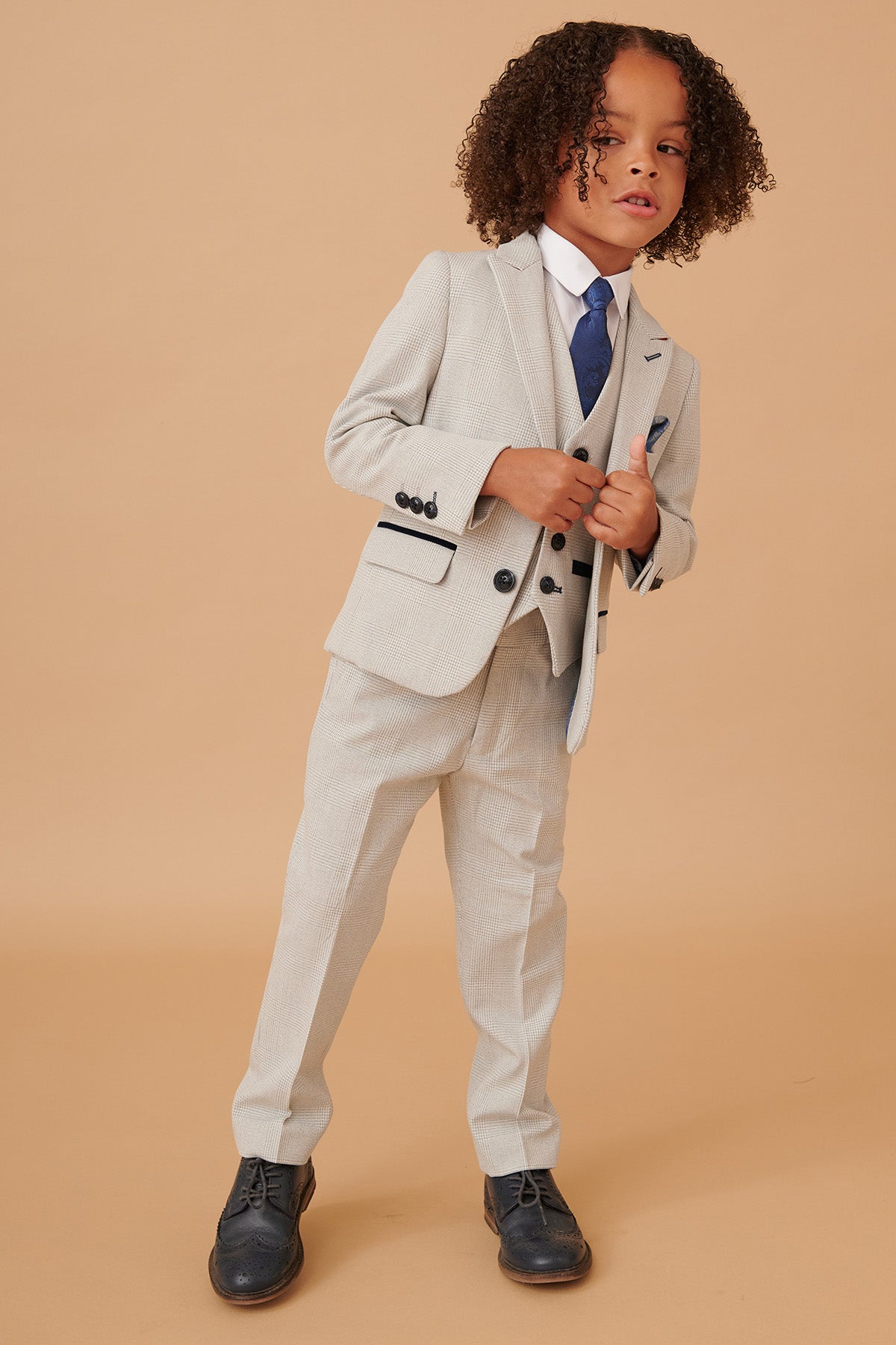 BROMLEY Kids' Stone Check Print 3-Piece Suit for Boys - Formal Wear for Weddings, Parties & Special Occasions