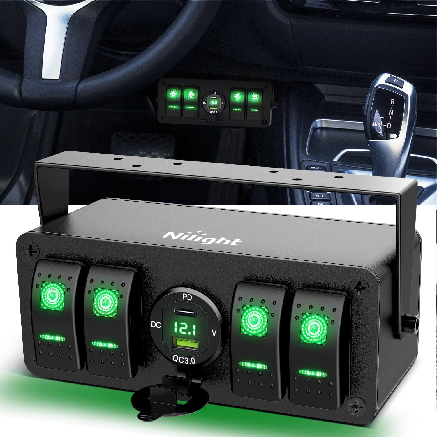 4 Gang Aluminum Rocker Switch Panel with QC 3.0 Dual USB Charger & Voltmeter - Perfect for Marine, RV, Truck, and Boat Electrical Systems