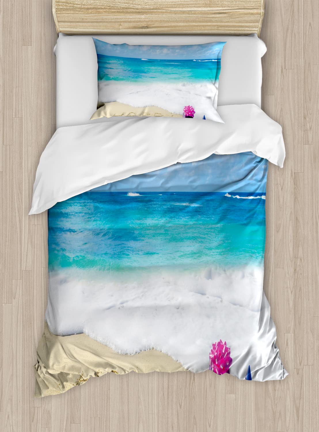 Ambesonne Birthday Duvet Cover Set - Twin Size 2-Piece Bedding Set with Beach Party Design in Blue, Pale Brown & Pink | Includes 2 Duvet Covers & 2 Pillowcases | Perfect for Birthday Celebrations, Beach Themed Bedrooms & Gift Giving