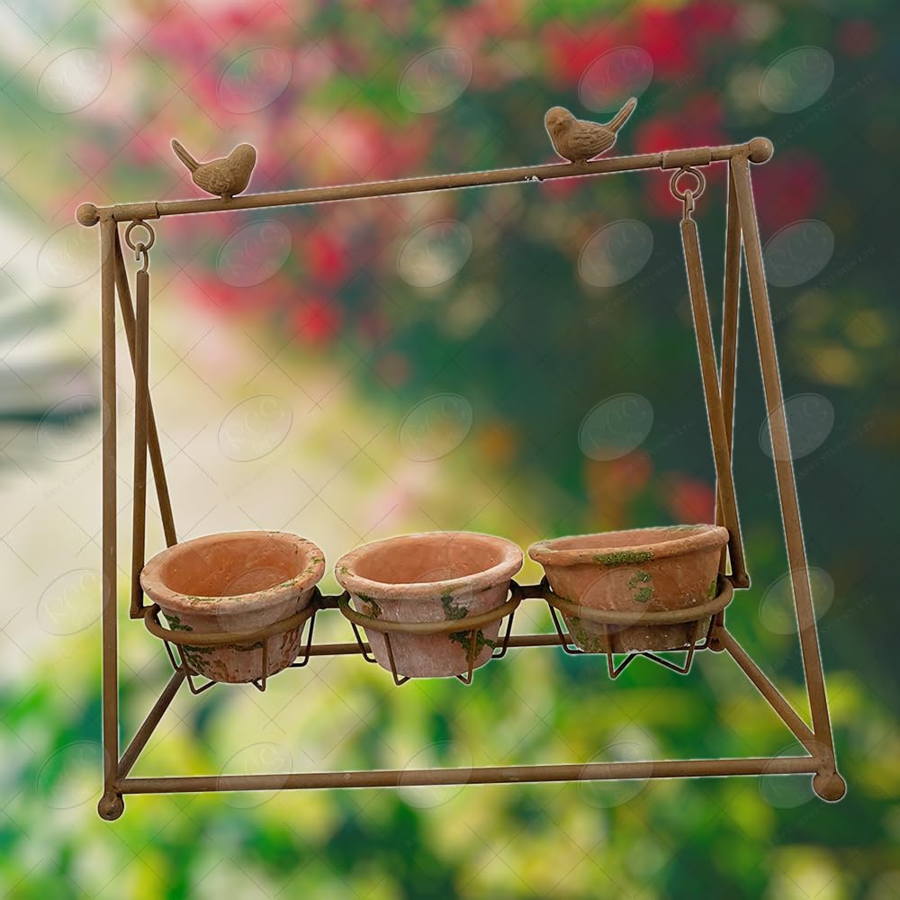 Rustic Metal & Terracotta 3-Tier Plant Stand - 19x18 Inch Indoor/Outdoor Flower Pot Holder - Red Carpet Studios Swing Style - Perfect for Patio, Garden, Balcony & Home Decor