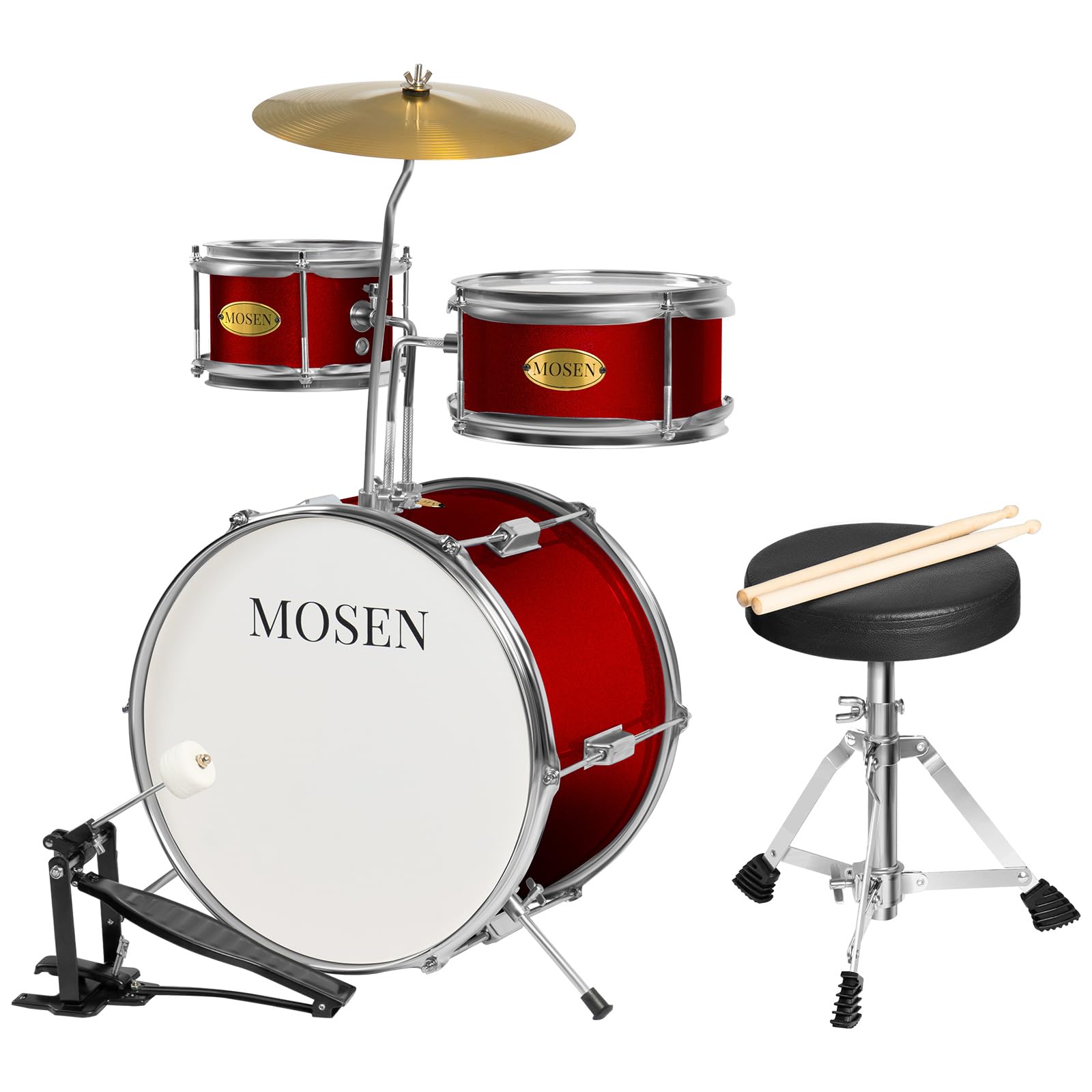 MOSEN 3-Piece Kids Drum Set with Adjustable Throne, Cymbal, Pedal & Drumsticks - Beginner Junior Drum Kit with Bass, Tom & Snare Drum (Red) - Perfect for Home Practice, Music Lessons & Birthday Gifts for Toddlers & Young Children
