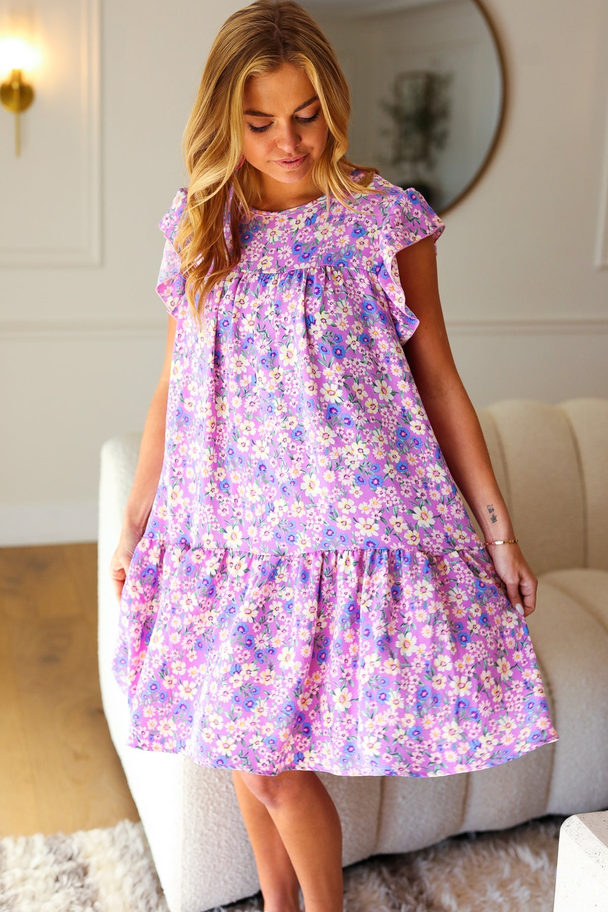 Elegant Lilac Floral Tiered Ruffle Sleeve Woven Dress for Women | Summer Wedding Guest Outfit | Garden Party & Date Night Dress