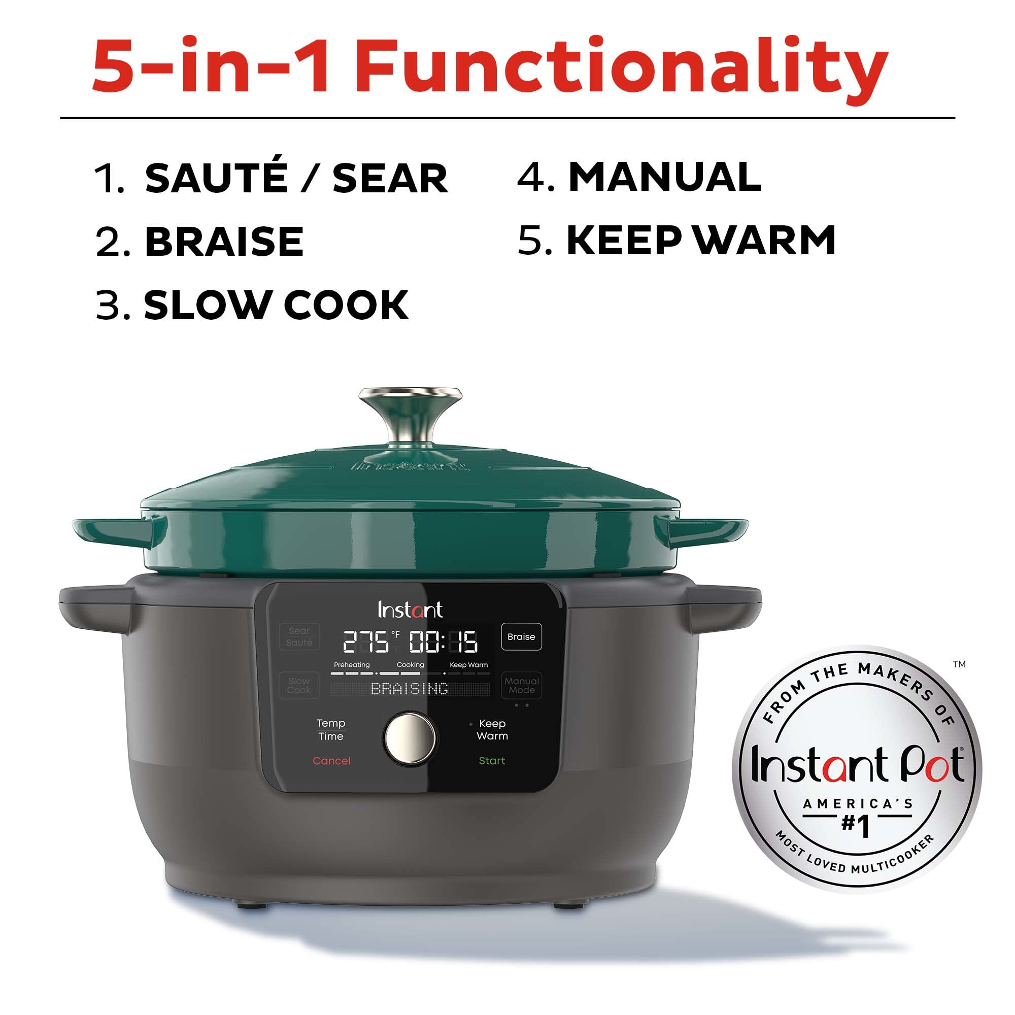 Instant Pot 6-Quart Electric Dutch Oven - 1500W Enameled Cast Iron Multi-Cooker with 5-in-1 Functions (Braise, Slow Cook, Sear, Sauté, Keep Warm) - Includes Recipe Book - Perfect for Family Dinners, Meal Prep & Holiday Cooking (Green)