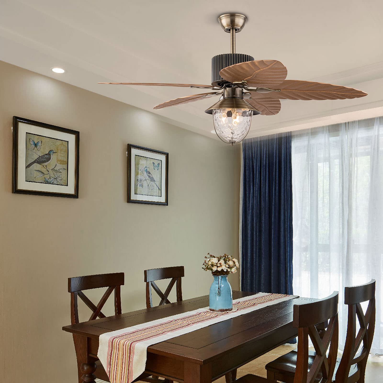 52 Inch Tropical Ceiling Fan with 5 Palm Leaf Blades - 3 Speed Reversible Remote Control, E27 Bulb Glass Light Cover - Indoor/Outdoor Use for Living Room, Bedroom, Patio - Brown