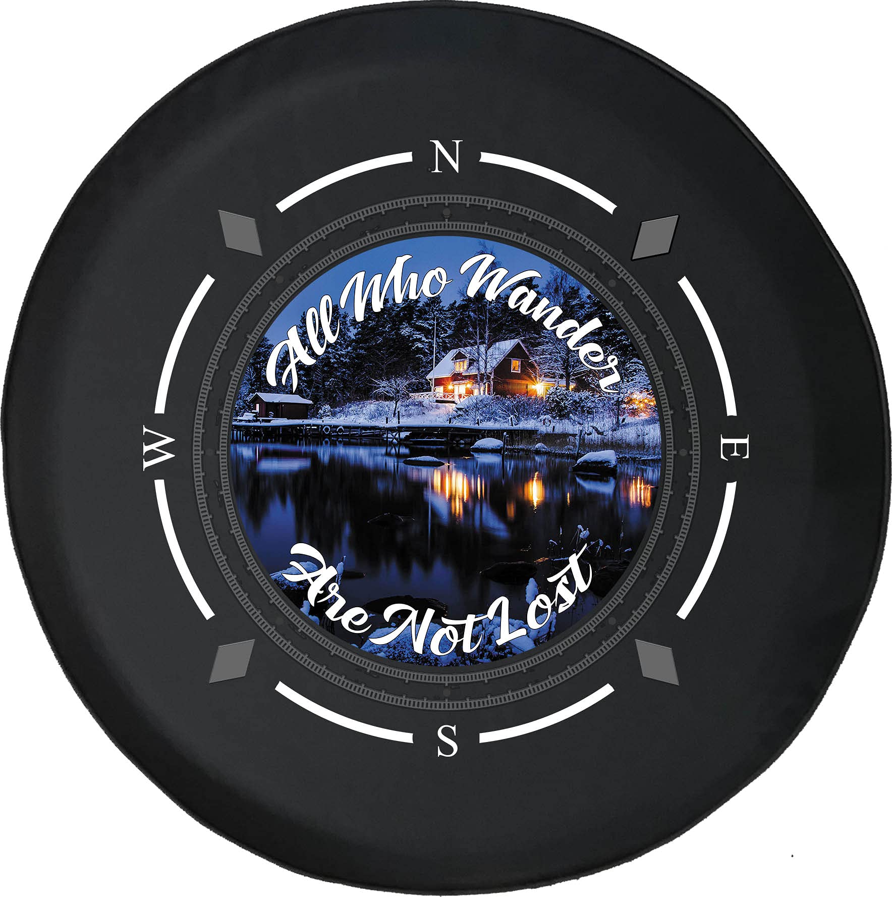 American Unlimited Spare Tire Cover with Compass Design - 'All Who Wander Are Not Lost' Winter Lake House Theme - Universal Fit for SUV, Trailer, RV & Most Vehicles - Perfect for Road Trips, Camping & Outdoor Adventures