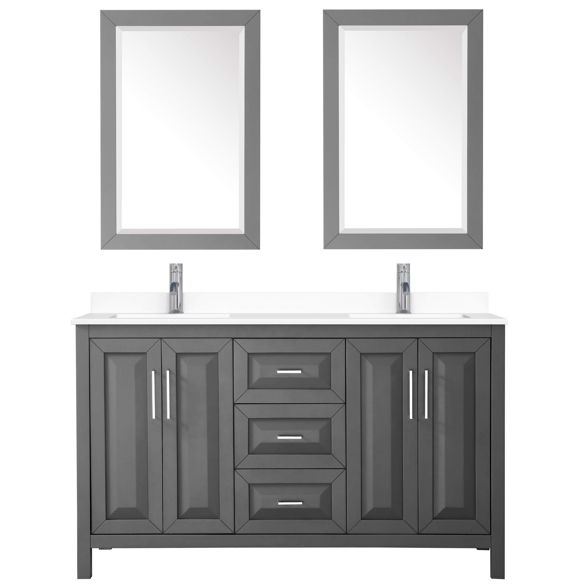 60 Inch Double Bathroom Vanity with White Cultured Marble Countertop - Dark Gray Modern Vanity Set with Undermount Square Sinks & 24 Inch Mirrors for Master Bathroom Remodeling & Home Upgrade