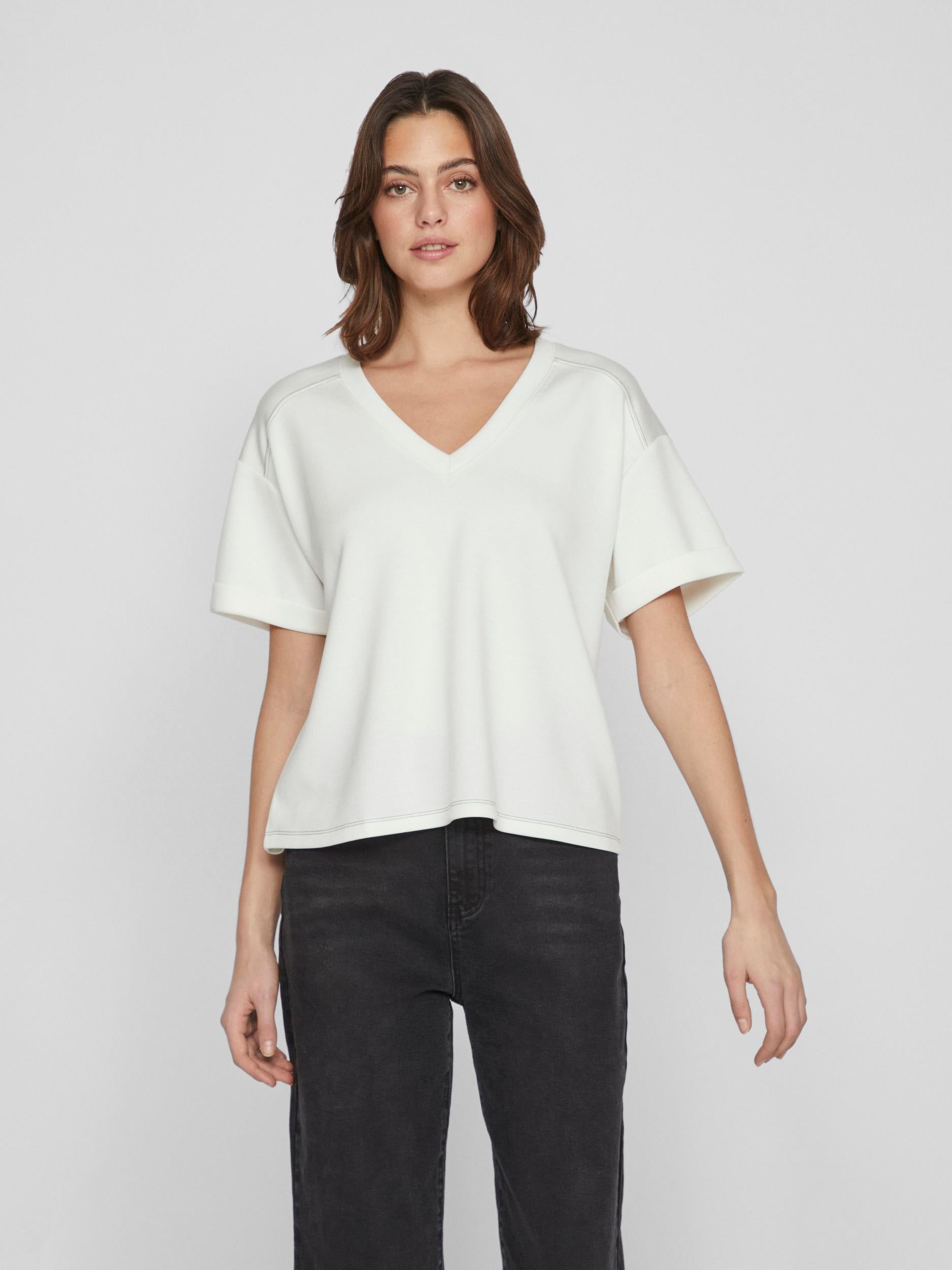 CRENA V-Neck T-Shirt for Women - Soft Cotton Casual Tee in Egret & Dusty Olive | Perfect for Everyday Wear, Layering & Outfits