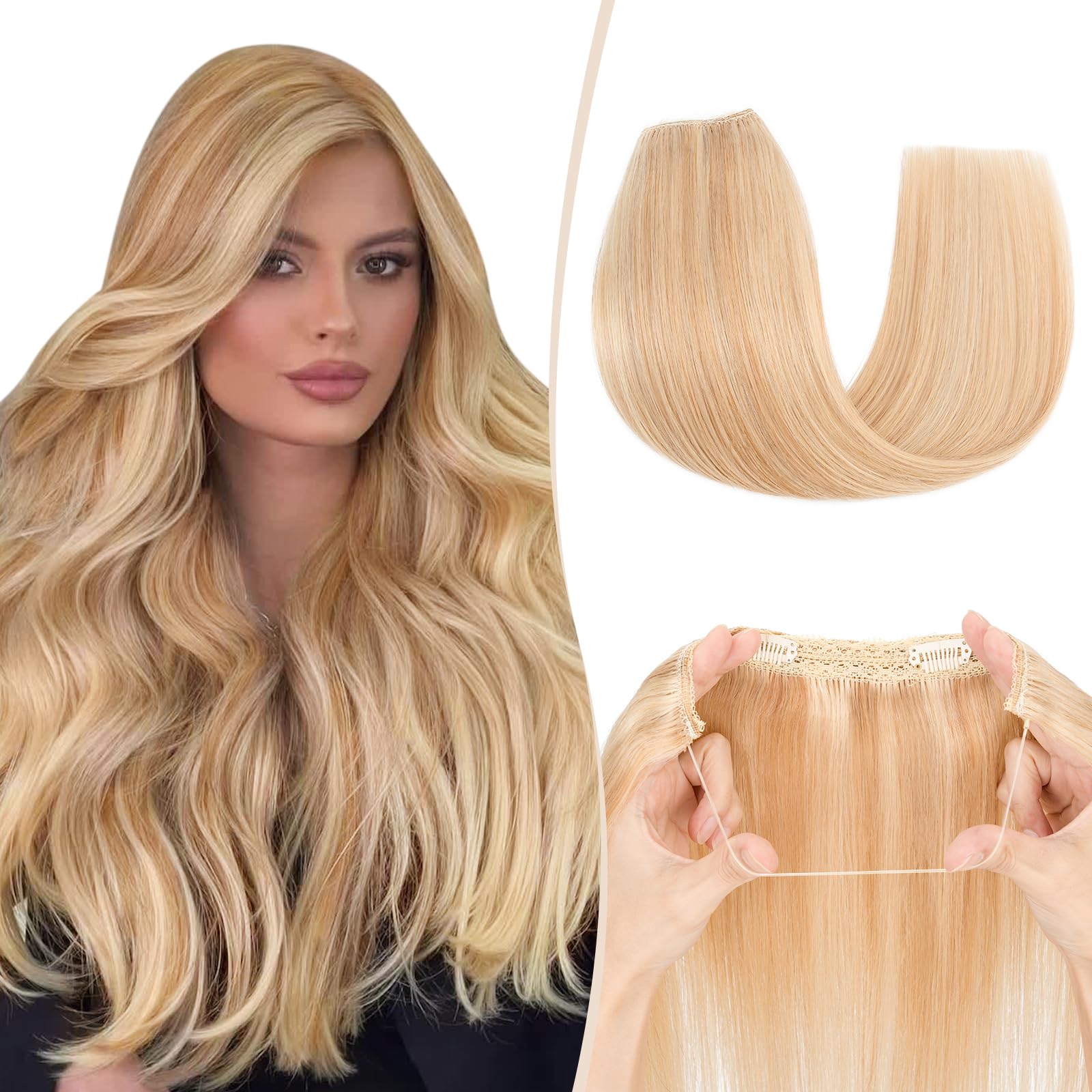 Benehair Halo Hair Extensions 22 Inch - 100% Real Human Hair with Invisible Wire & Fish Line - Ash Blonde Mixed Bleach Blonde (#18&613) 75g - Perfect for Weddings, Parties & Daily Styling