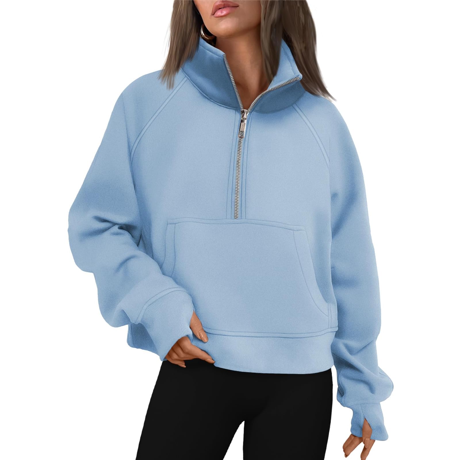 Women's Half Zip Cropped Fleece Pullover Hoodie - Y2K Style Quarter Zipper Thumb Hole Sweatshirt for Fall Casual Outfits | Perfect for Layering, Streetwear & Cozy Autumn Days