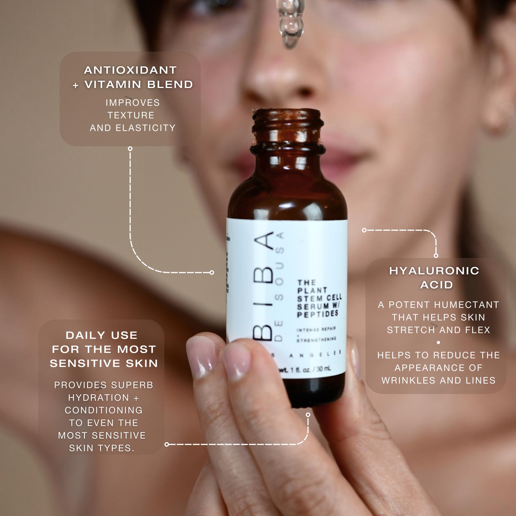 BIBA DE SOUSA Plant Stem Cell Peptide Serum - Anti-Aging Face Serum with Hyaluronic Acid, Vitamin B5 & Antioxidants for Deep Hydration, Wrinkle Repair & Youthful Glow | 1oz | Perfect for Night Routine & Dry Skin Care