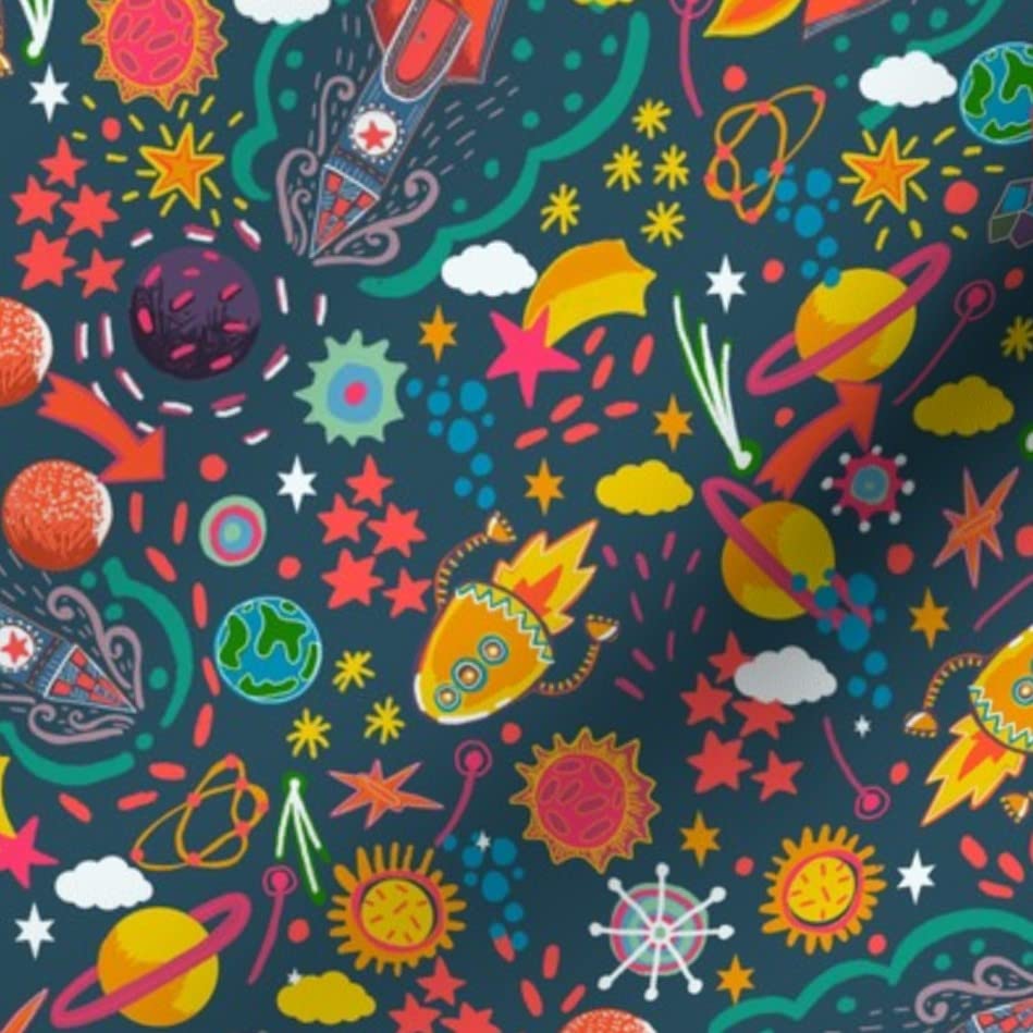 Ditsy Space Adventure Galaxy Planets Kids Science Printed Cotton Fabric - Petal Signature Cotton Fat Quarter for Sewing, Quilting, Apparel & DIY Crafts | Perfect for Kids Bedding, Curtains & Space-Themed Decor