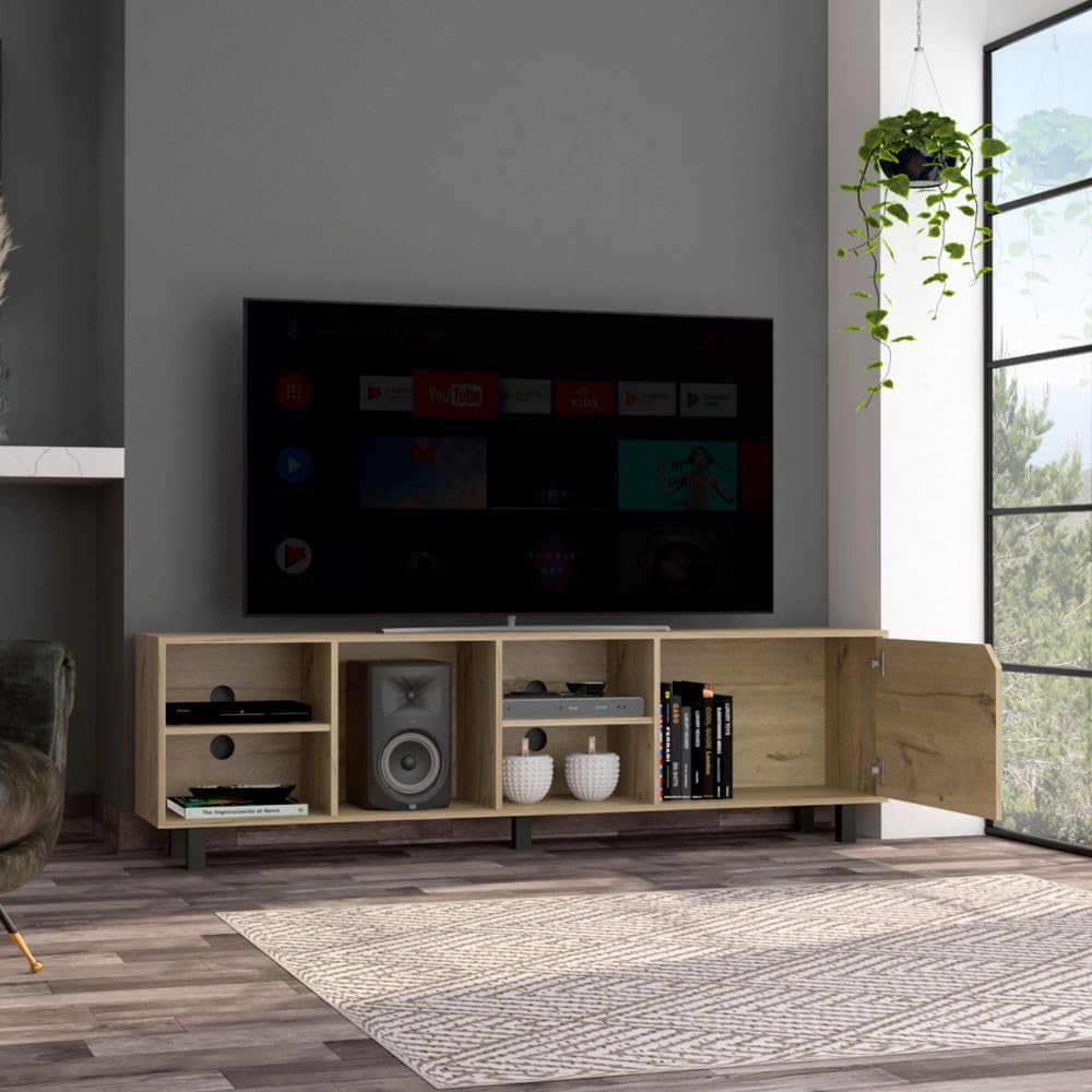 70 Inch TV Stand with 4 Open Shelves - Light Oak Wood Media Console for Living Room, Bedroom & Home Theater