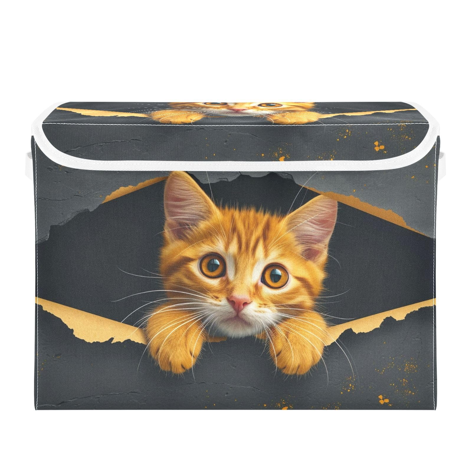 Senya Collapsible Storage Bins with Lids - Foldable Orange Cat-Themed Organizing Baskets for Clothes, Toys & Home Organization | Space-Saving Storage Solution for Bedroom, Closet & Laundry Room