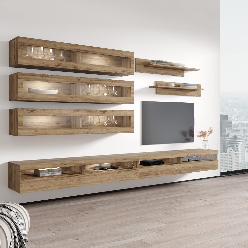 Modern Floating TV Stand with Storage & LED Lights - Wall-Mounted Entertainment Center for Bedroom & Living Room - Oak Wood TV Console with Shelves - Perfect for Small Spaces & Home Theater Setup