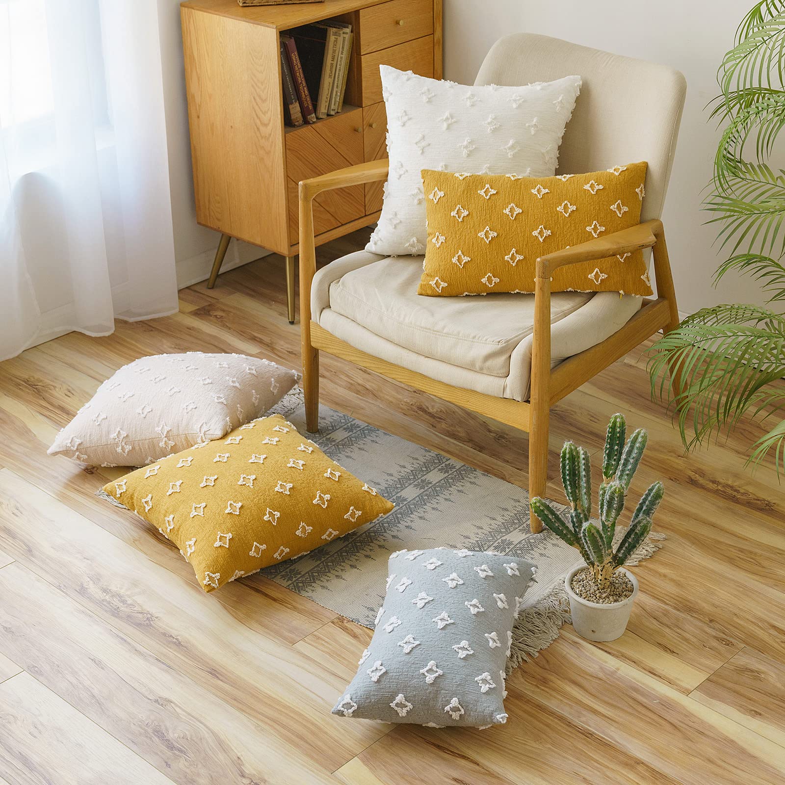 ANRODUO 2 Pack Yellow Boho Decorative Throw Pillow Covers - Tufted Rhombic Jacquard Design, 12x20 Inches, Soft Couch Pillow Cases for Living Room, Sofa, Bedroom - Perfect for Spring Home Decor and Bohemian Style Interior Design