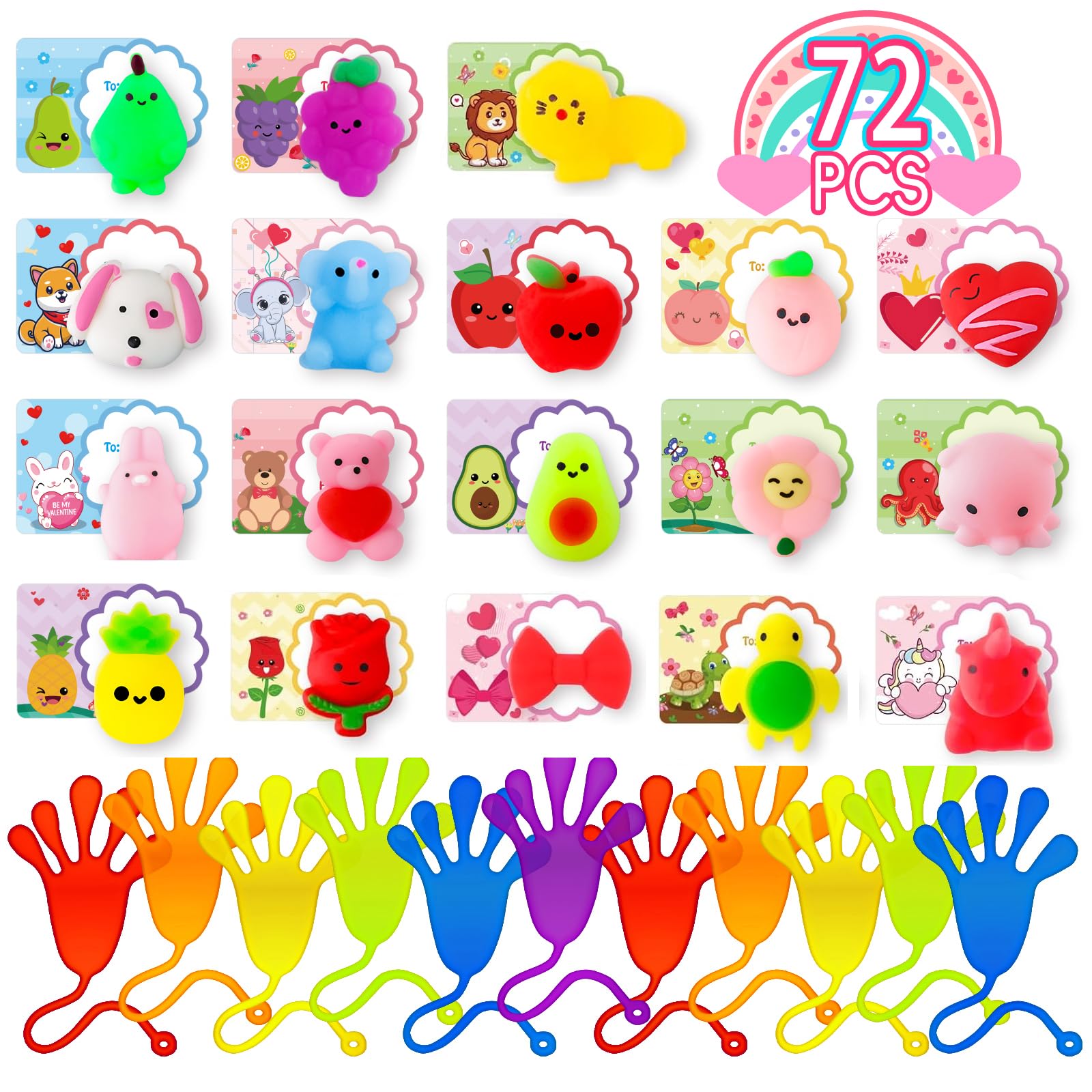 72Pcs Valentine's Day Gift Cards for Kids with Mochi Squishies & Sticky Hands - Cute Stress Relief Toys, Classroom Prizes, Party Favors for Boys & Girls | Perfect for Valentine's Exchange, Birthday Parties & School Rewards