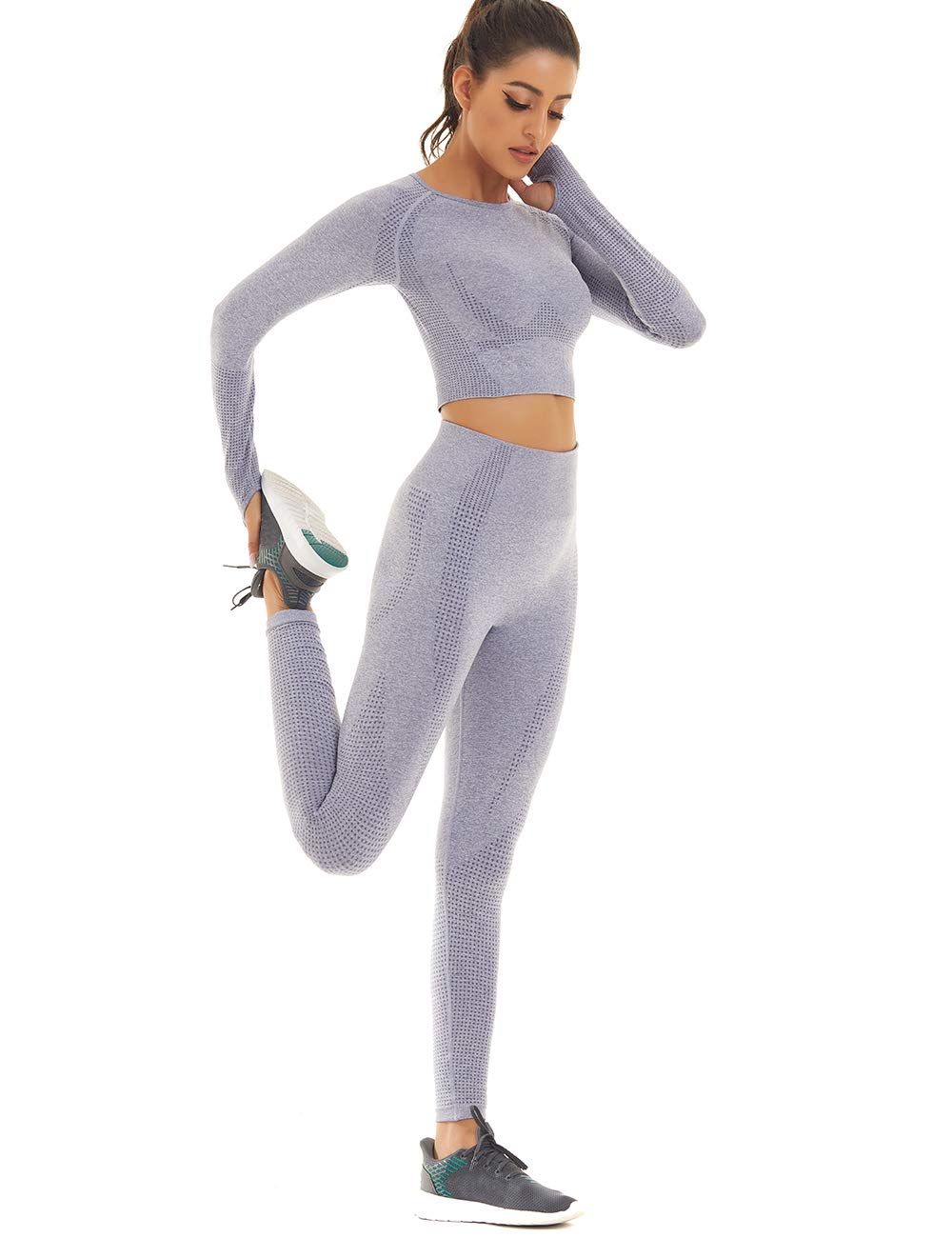 Women's Seamless Workout Outfits - Athletic Yoga Set with High Waist Leggings & Long Sleeve Top (2 Piece) for Gym, Running, Pilates & Lounge Wear