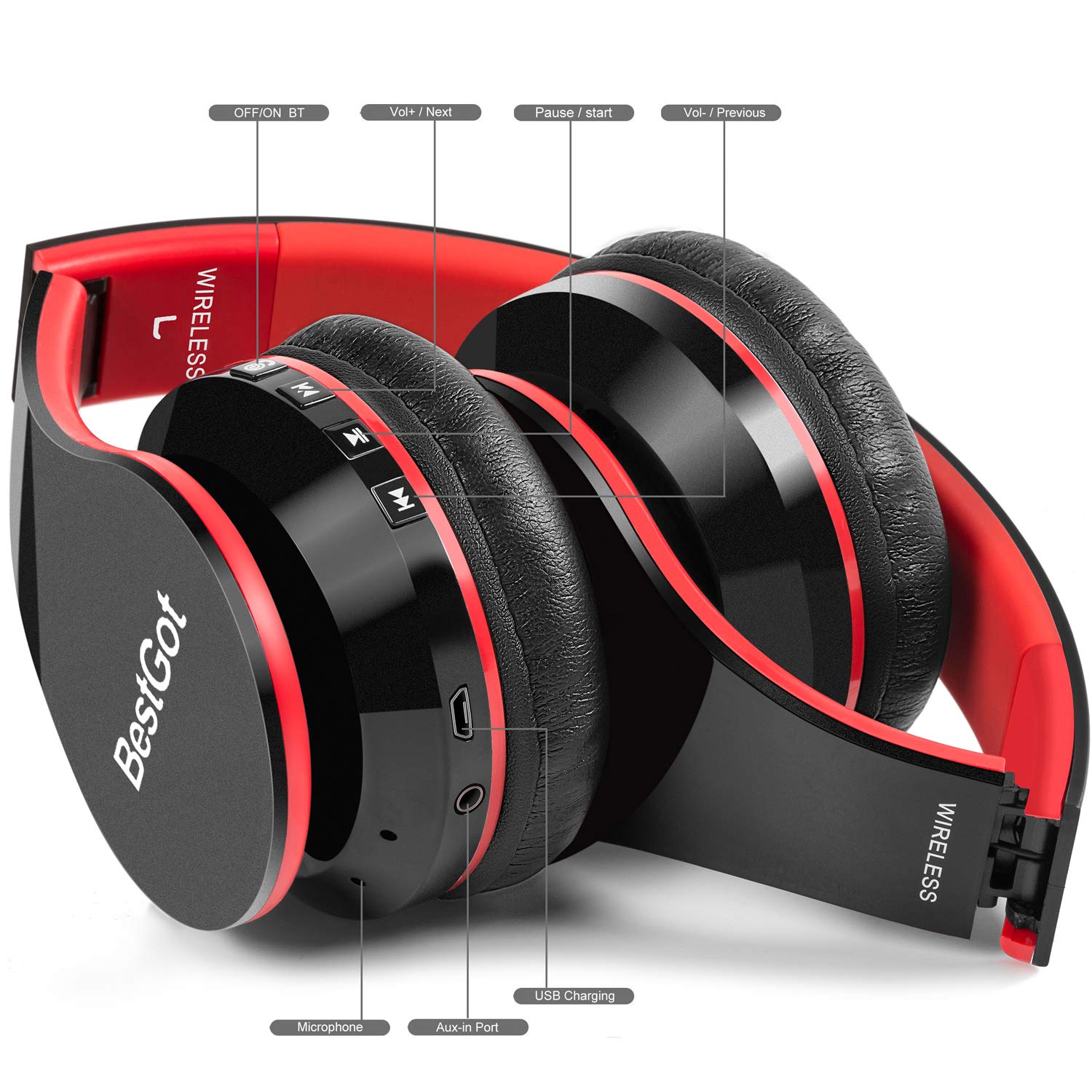 BestGot BT6002 Kids Bluetooth Headphones - Wireless Foldable Headset for Boys & Girls, Compatible with iPhone, Android, TV, PC, Laptop (Black/Red) - Perfect for Online Classes, Gaming & Travel