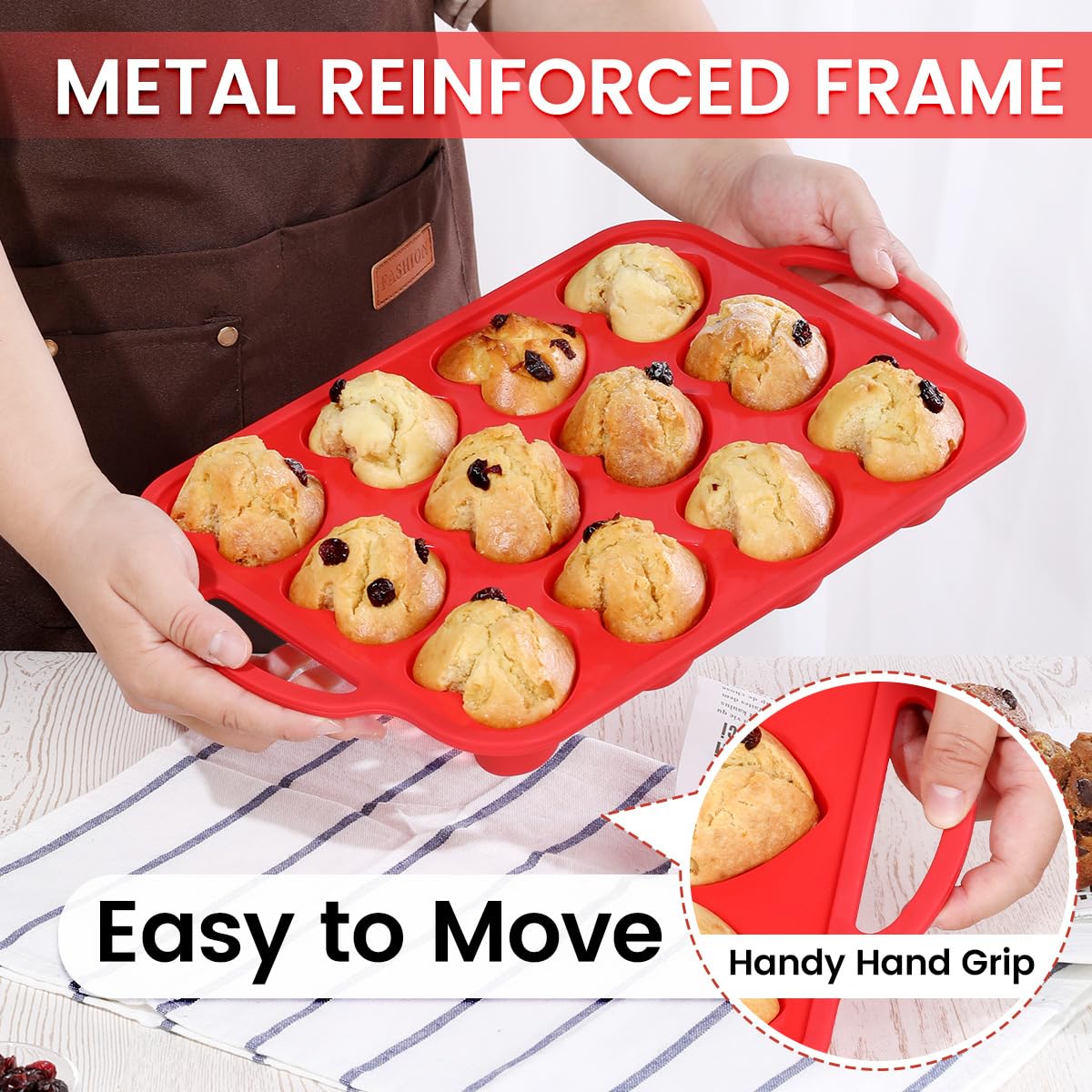 Heart Shaped Muffin Pan - 2 Pack Nonstick Silicone Baking Molds with Metal Frame for Cupcakes, Tartlets, Egg Bites & Chocolate - Perfect for Valentine's Day, Anniversaries & Romantic Baking Gifts (Red)