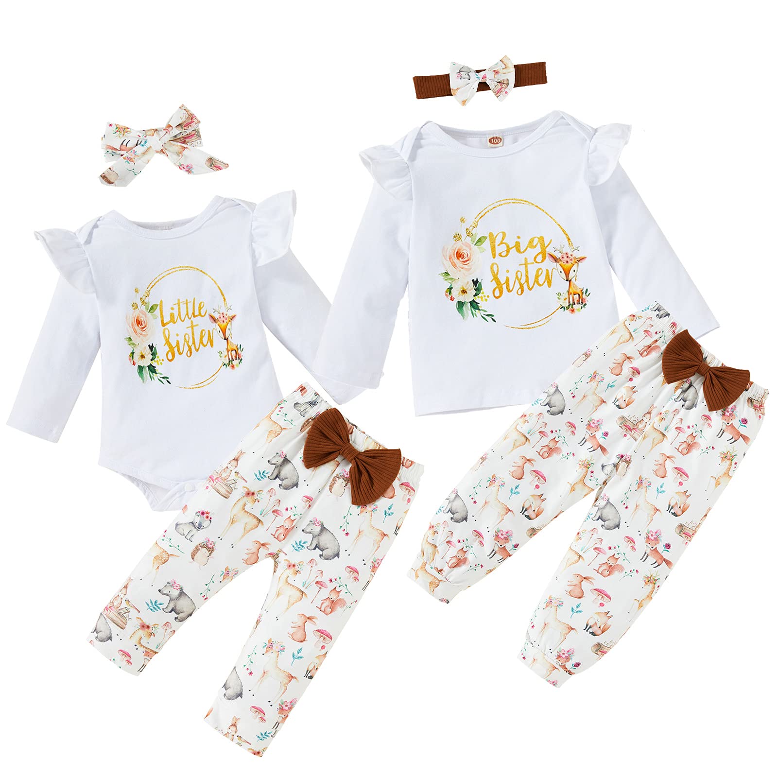 Adorable Baby Girl Sister Matching Outfits Set - Floral Romper, Animal Leggings & Headband (3Pcs) | Perfect for Twin Sisters, Family Photos & Special Occasions