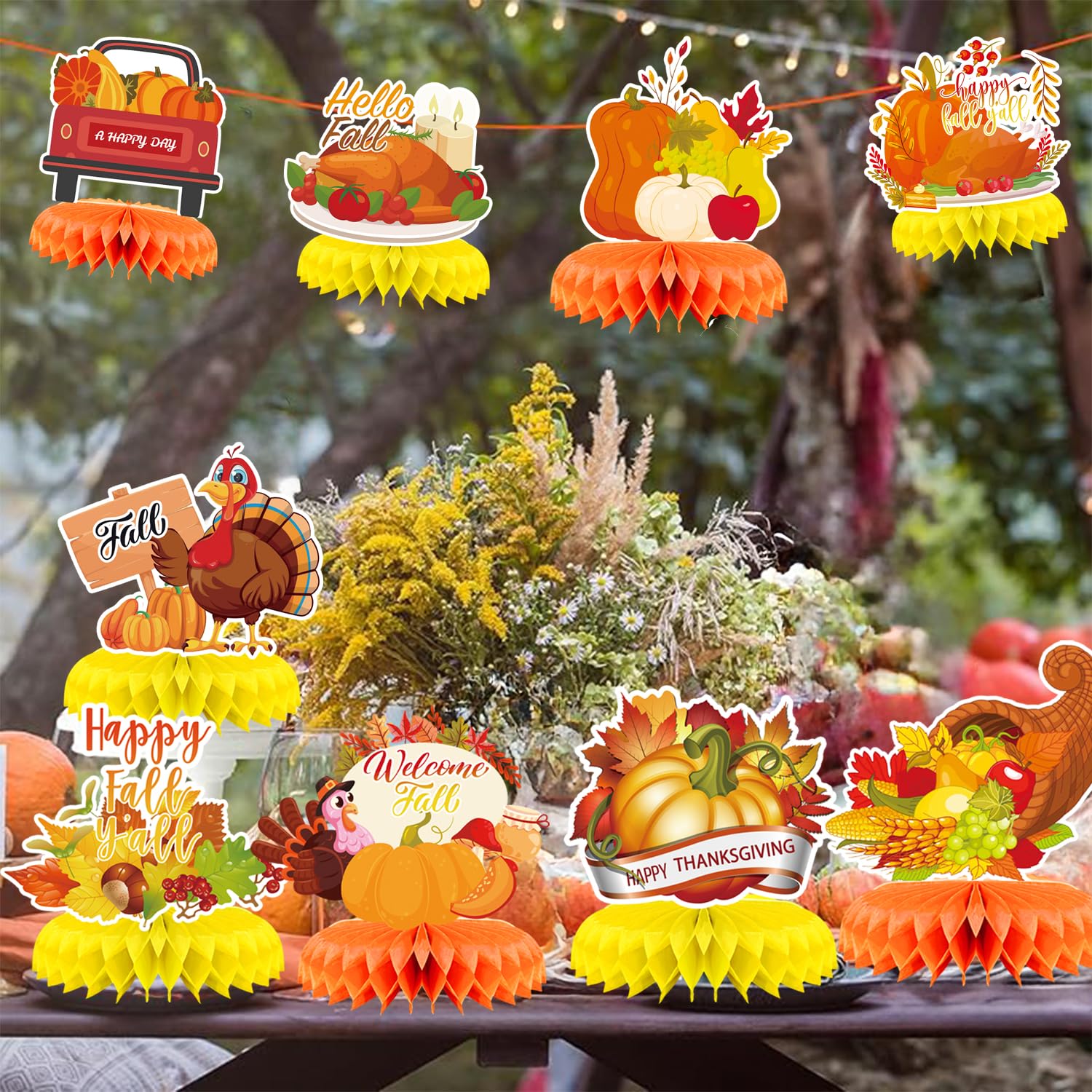 9Pcs Fall Table Centerpiece Decor Set - Thanksgiving Turkey & Pumpkin Honeycomb Decorations for Autumn Parties, Birthday, and Holiday Table Decor | Perfect for Thanksgiving Dinner, Harvest Festival, and Seasonal Home Decor