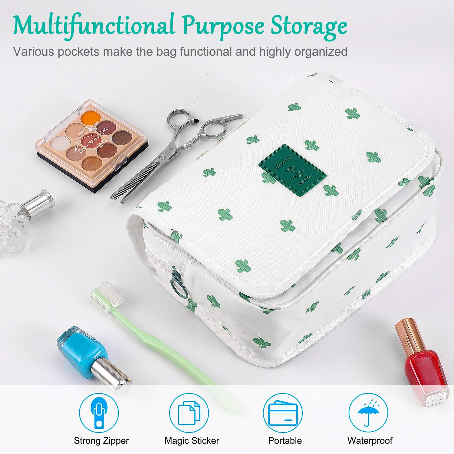 Trawila Travel Hanging Toiletry Bag for Men & Women - Waterproof Cosmetic Organizer with Sturdy Hook, Perfect for Camping, Gym & Air Travel (White Cactus Design)