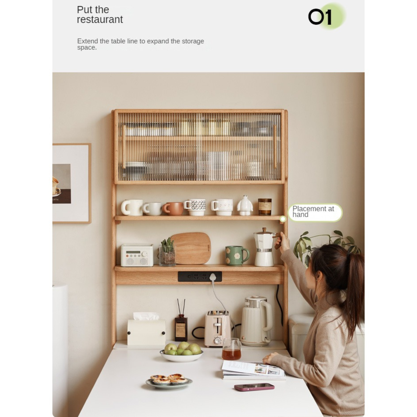 Solid Oak Wood Sideboard with Rock Board Top - Multifunctional Dining Room Storage Cabinet for Kitchen, Living Room & Entryway Organization