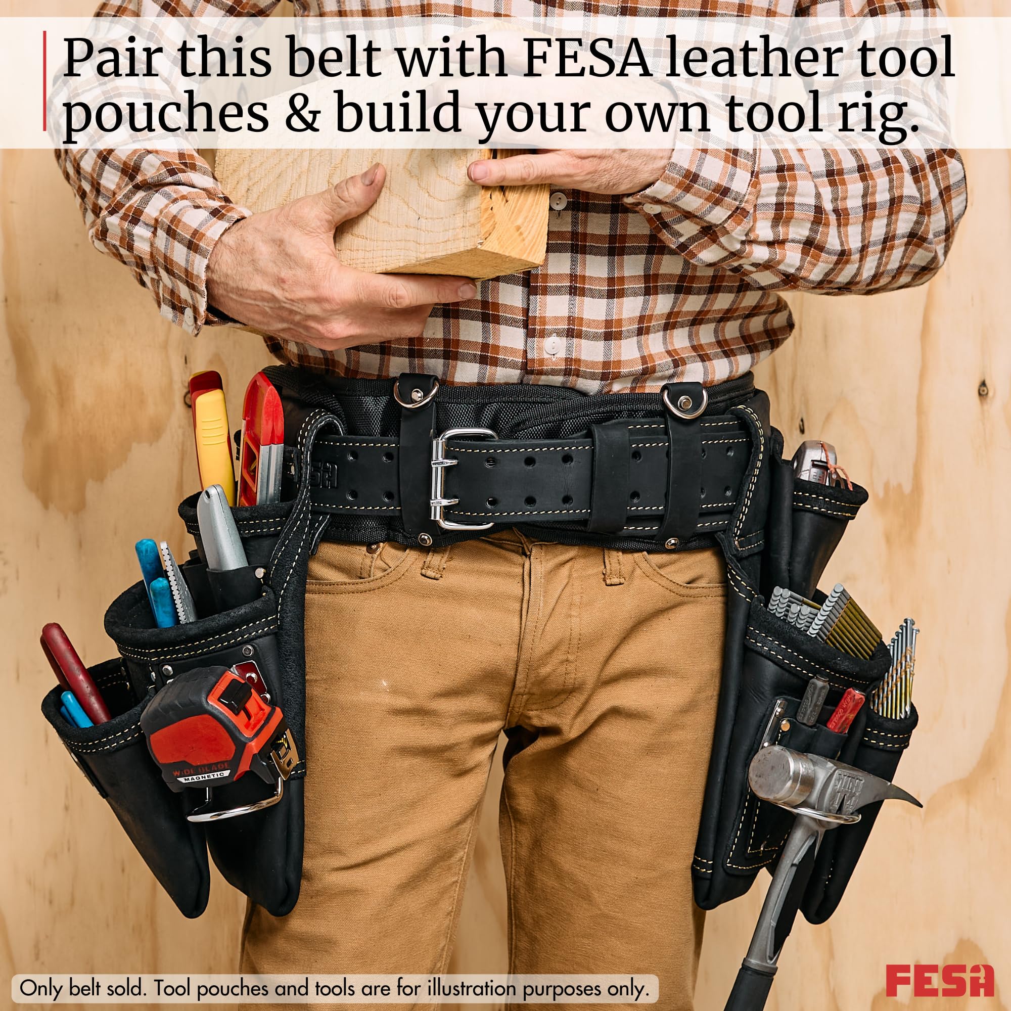 FESA Men's Padded Tool Belt with Leather Back Support - Breathable Nylon Padding Work Belt for Electricians & Construction Workers (35