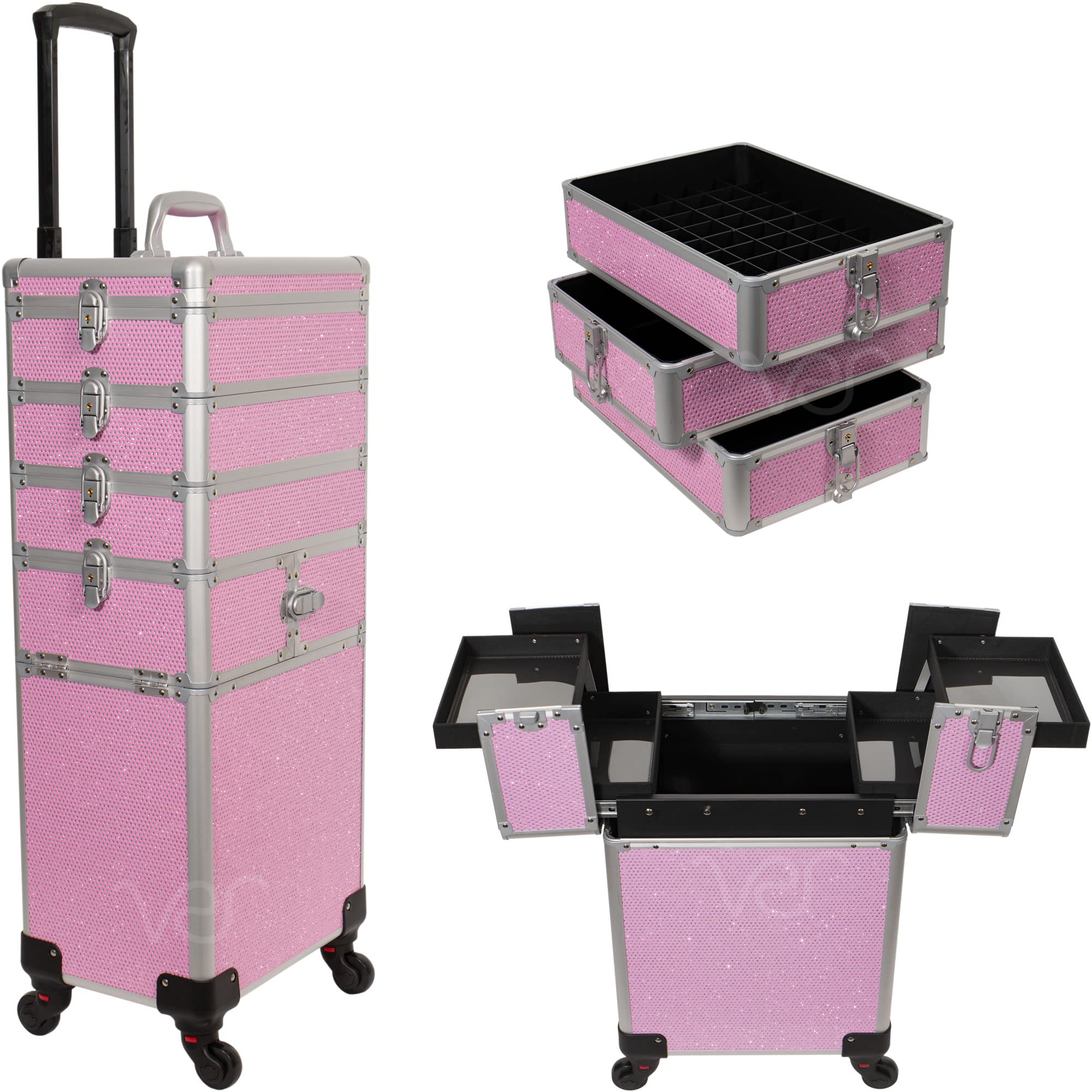 9-in-1 Professional Interchangeable Rolling Makeup Train Case with Organizer Trays & Extra Lid - Perfect for Salon, Travel & Home Cosmetic Storage