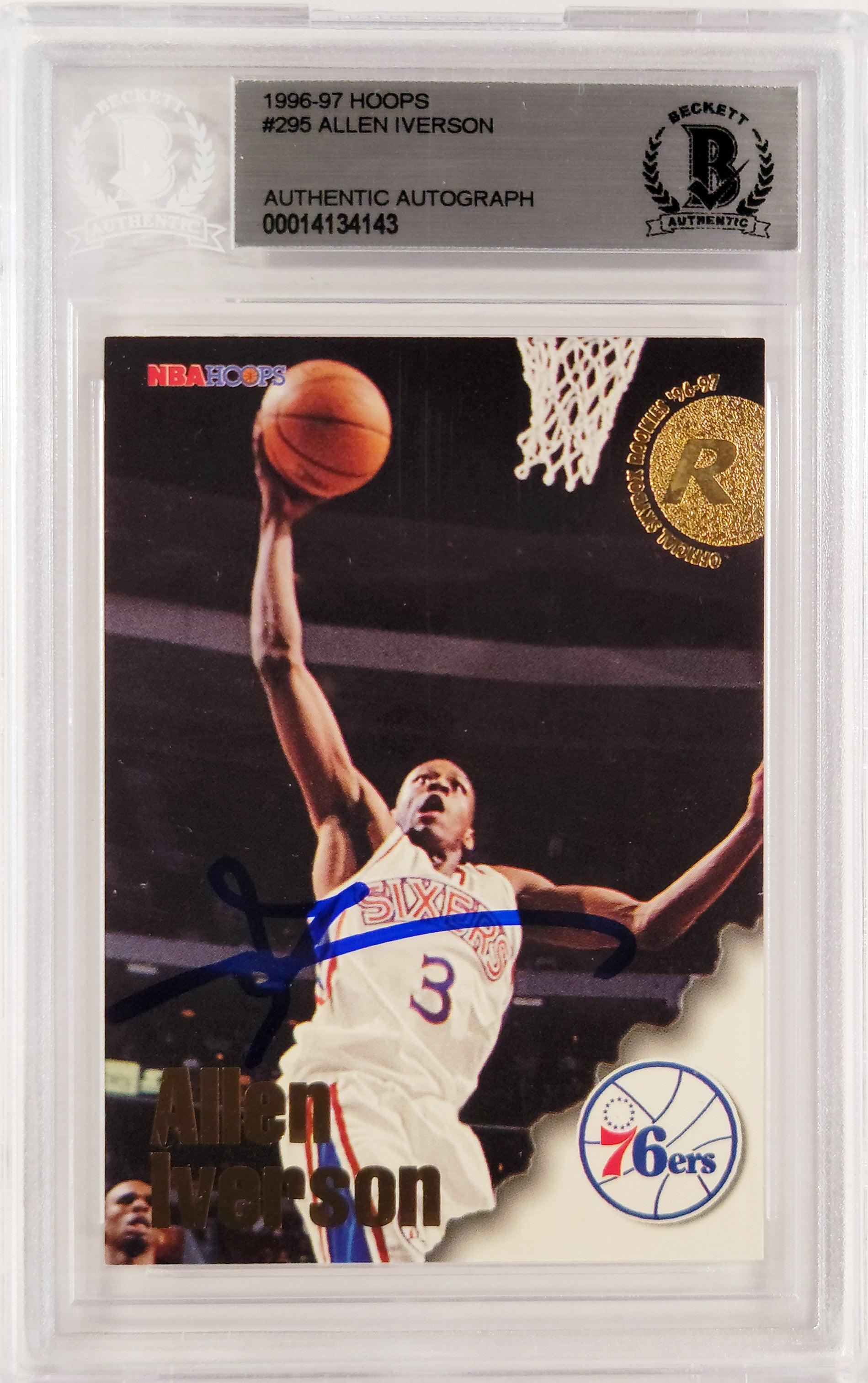 Allen Iverson Autographed 1996-97 Hoops Rookie Card #295 Philadelphia 76ers Beckett BAS #14134143 - Perfect for NBA Collectors, Sports Memorabilia Display & Investment