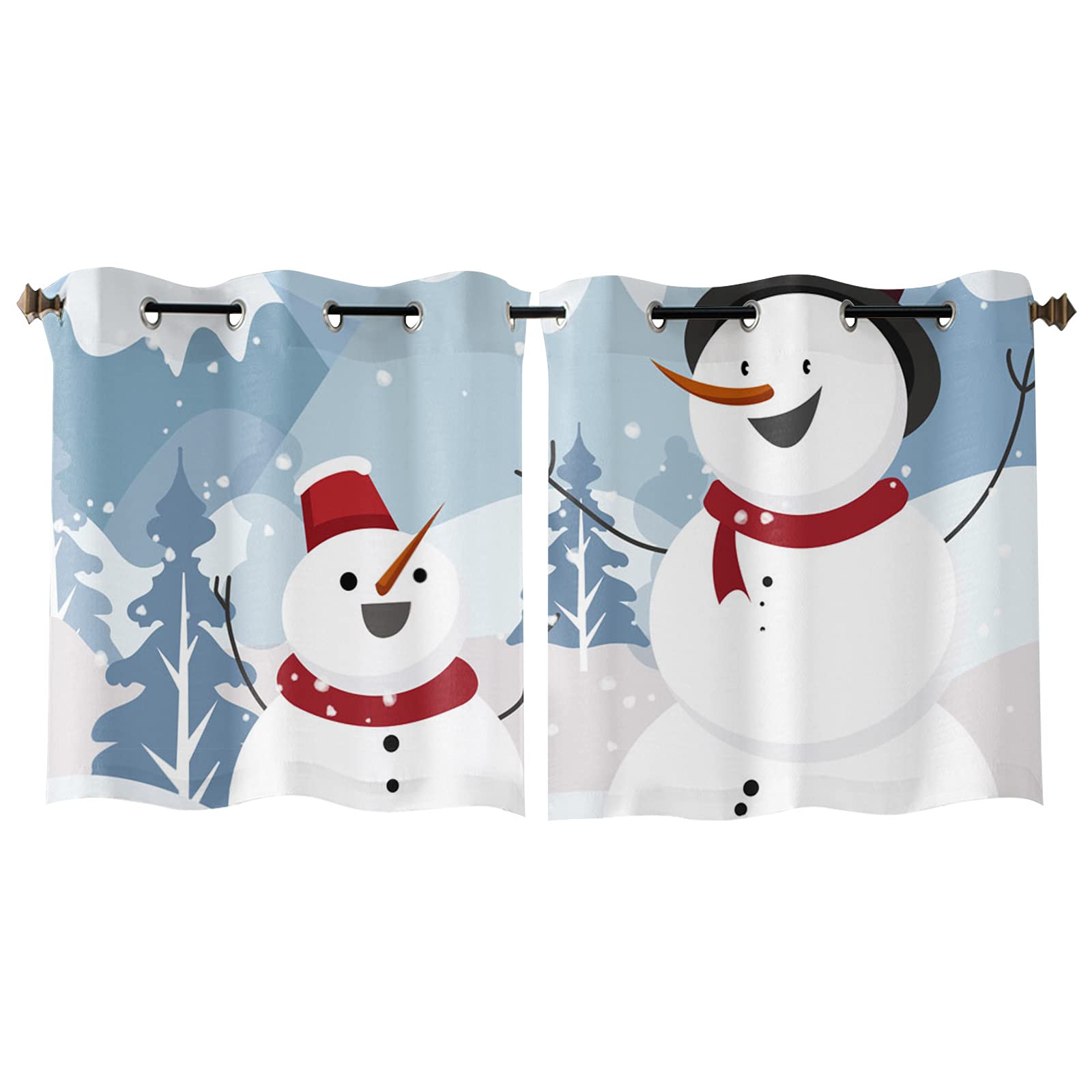 Winter Christmas Snowman Grommet Window Curtains - Cartoon Snowy Landscape Drapes for Living Room, Bedroom, Kitchen - 578 Panel Sets for Cozy Home Decor