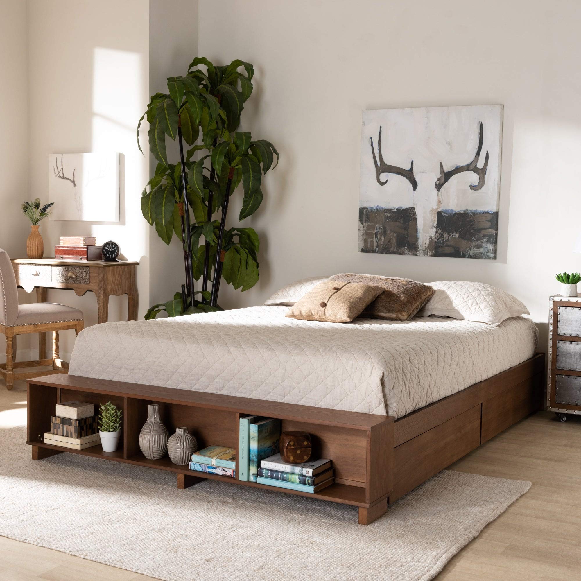 Modern Rustic Ash Walnut Brown Wood Platform Bed with Storage Shelves - Full Size Bed Frame with Hardware Included | Perfect for Small Bedrooms, Guest Rooms & Loft Spaces
