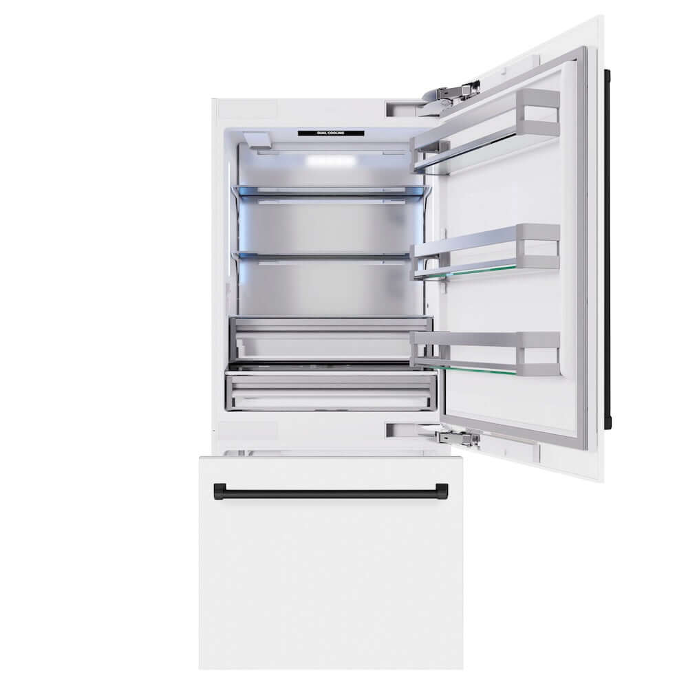 ZLINE Autograph Edition 36 Inch Built-In Bottom Freezer Refrigerator - 19.8 cu.ft Capacity, Water Dispenser & Ice Maker - White Matte with Matte Black Accents (RBITZ WM 36 MB) - Perfect for Modern Kitchens, Open-Concept Homes & Luxury Appliances Collection
