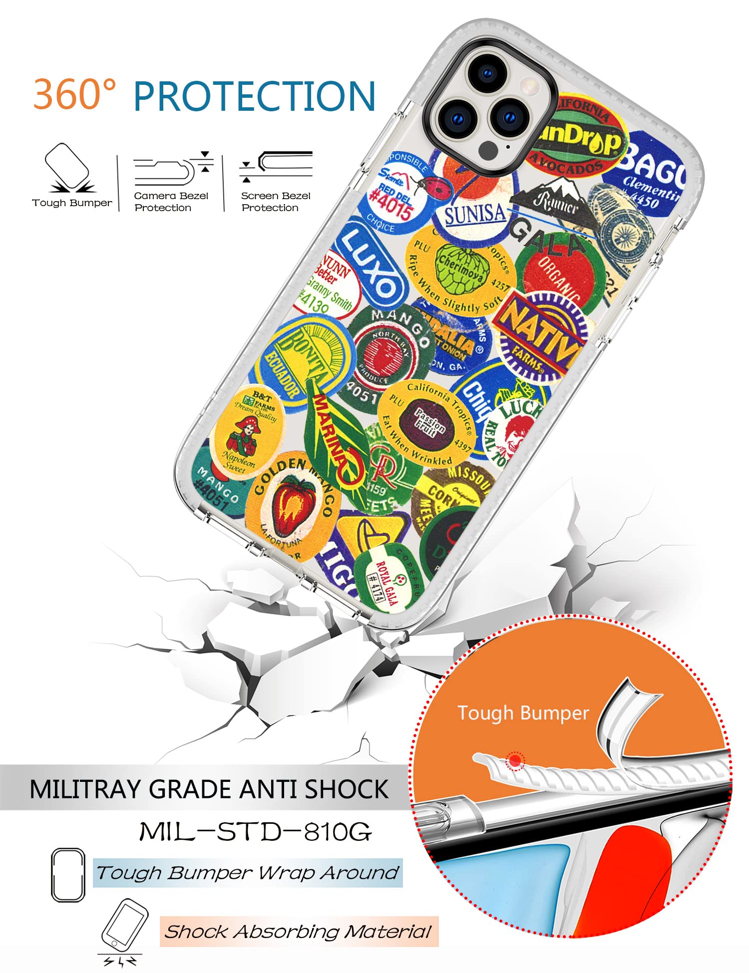 Shockproof Clear TPU Phone Case for iPhone 13 Pro Max with Fruit Stickers - Drop Protection Slim Soft Cover | Perfect for Everyday Use, Travel & Outdoor Activities