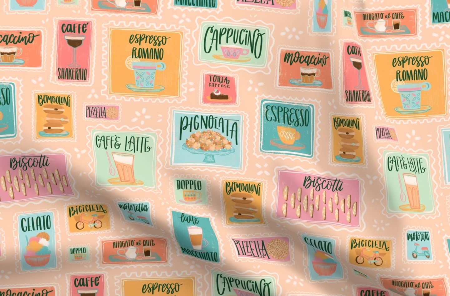 Italian Pastel Cafe Mod Retro Coffee Shop Biscotti Latte Macchiato Printed Minky Fabric by The Yard - Soft Plush Fabric for Sewing Baby Blankets, Quilt Backing, DIY Home Decor & Cozy Throw Pillows - Perfect for Nursery, Bedroom & Coffee Shop Themed Projects