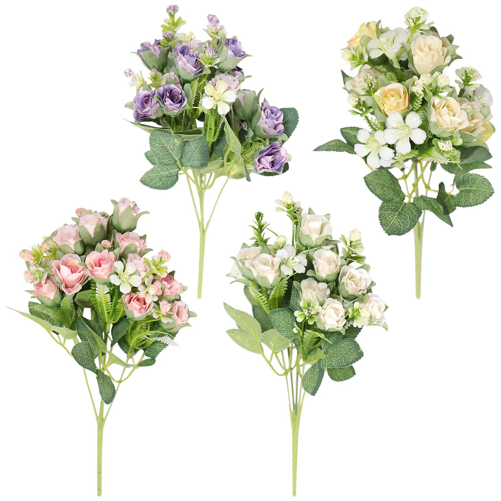 Hubl 4 Bouquet Perfume Rose Bouquet - Artificial Flower Arrangement for Living Room, Tea Table, Home Decor (Color Mixing) - Perfect for Wedding Centerpieces, Party Decorations & DIY Floral Displays