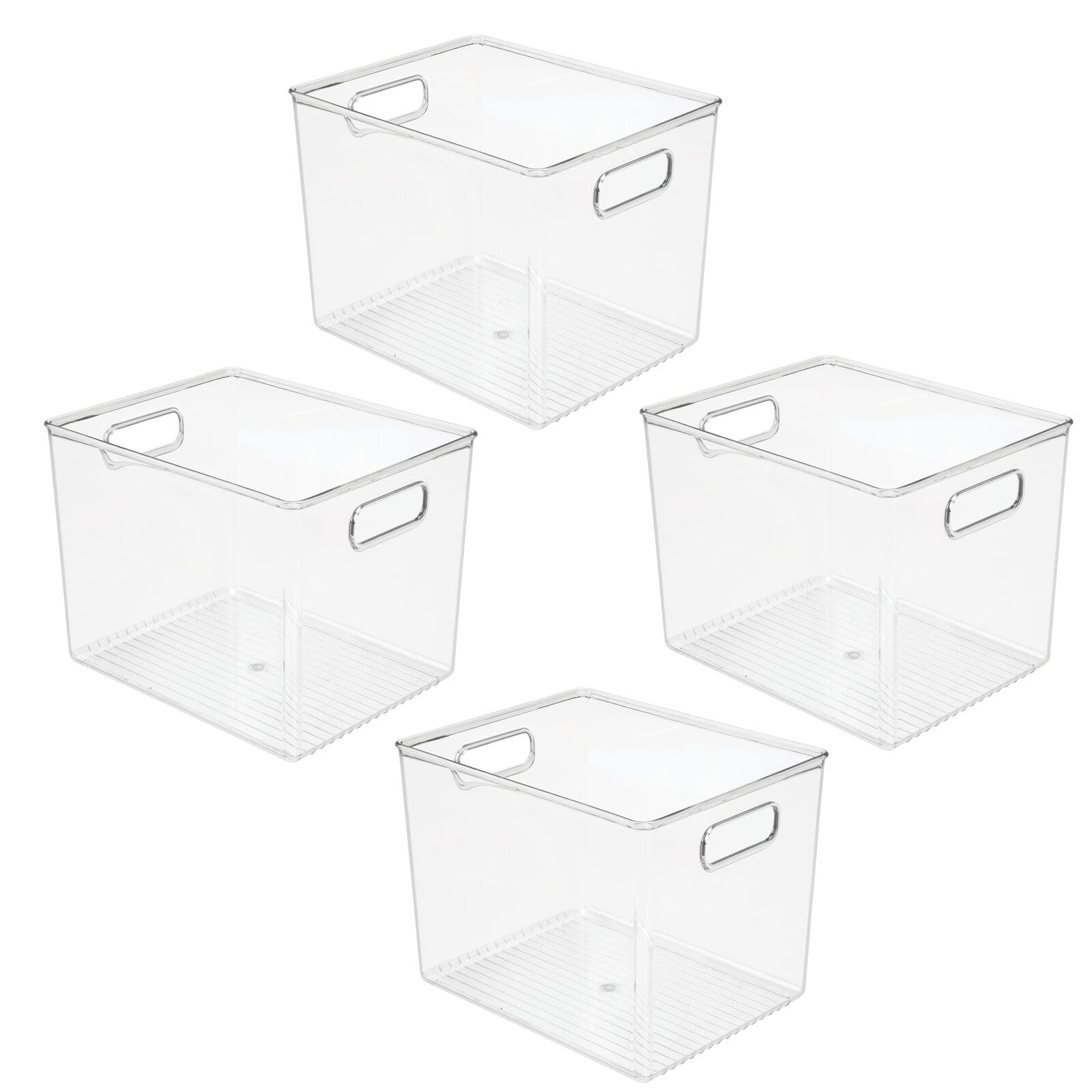 mDesign Tall Deep Rectangular Plastic Office Supplies Storage Organizer Bin with Carrying Handles - Perfect for Organizing Pads, Pens, Pencils, Dry Erase Markers, Highlighters & Sticky Notes | Ligne Collection 4-Pack Clear | Ideal for Home Office, School & Workspace Organization