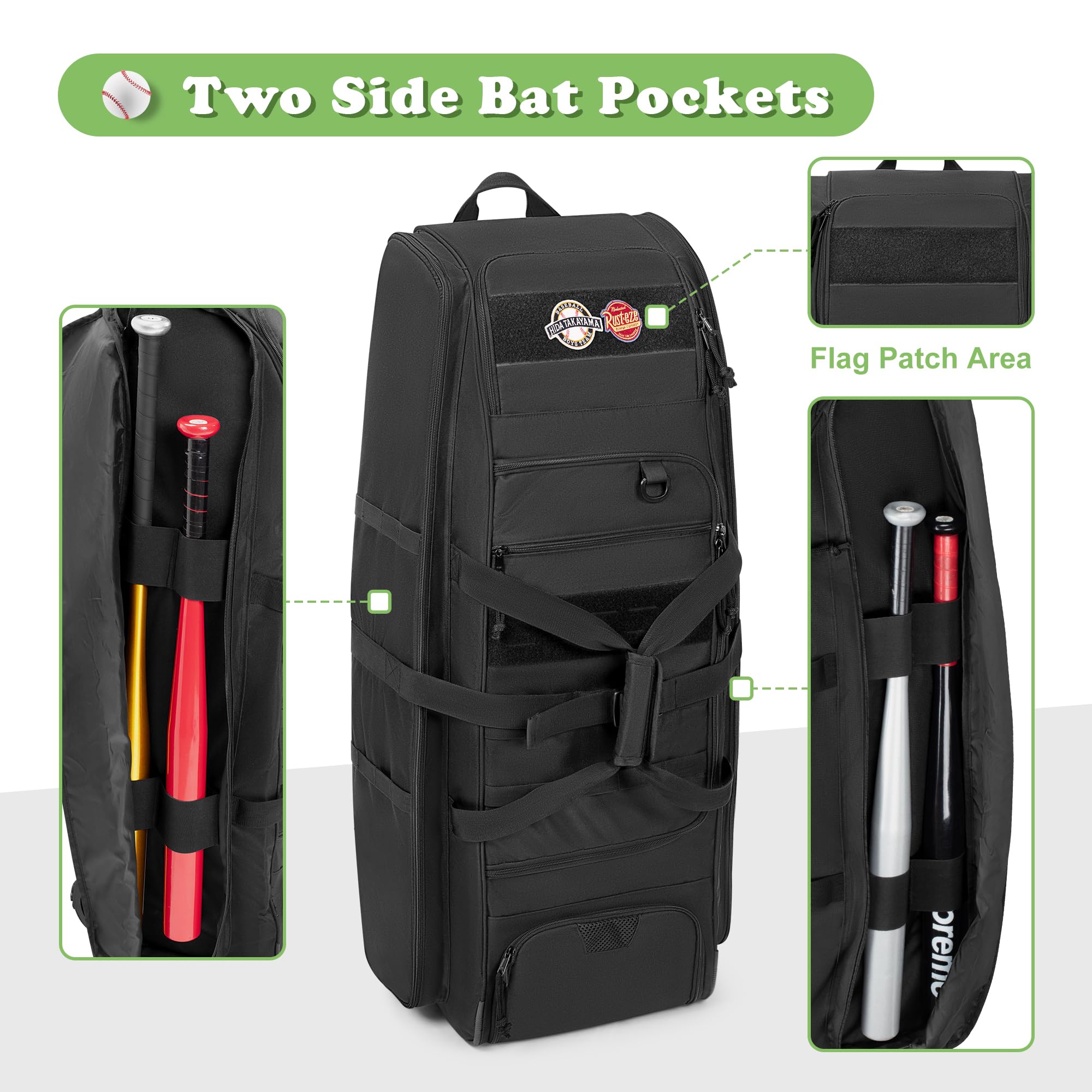 DSLEAF Rolling Baseball Bag with Wheels - Large Wheeled Softball Catchers Equipment Bag Holds 4 Bats, Separate Shoe Compartment & Multiple Pockets - Perfect for Baseball/Softball Practice, Games & Travel