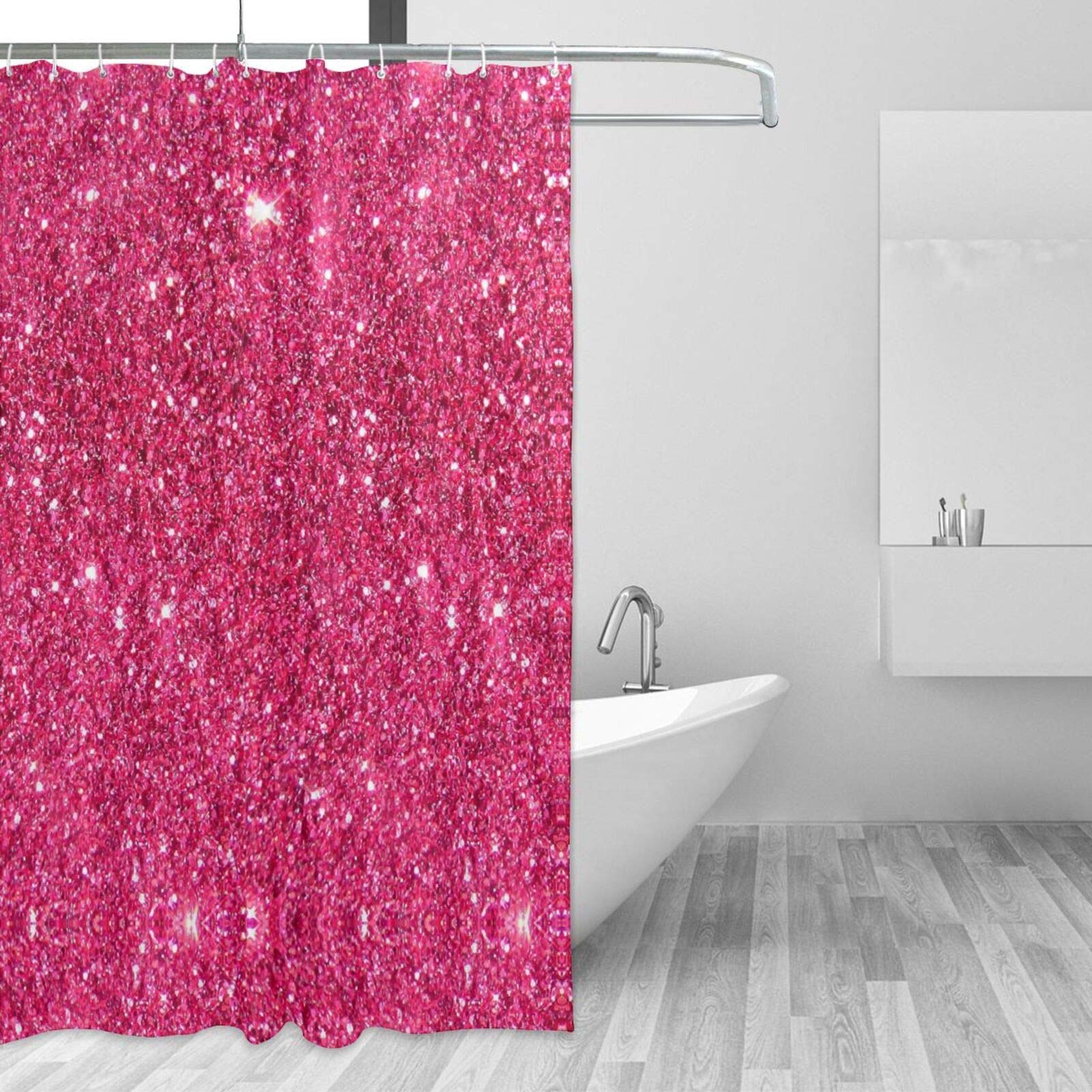Sparkling Hot Pink Glitter Shower Curtain with Rust-Proof Hooks - Waterproof & Machine Washable Bathroom Decor for Girls, Teens & Women (Perfect for Birthday Gifts & Spa-Like Bathroom Makeovers)