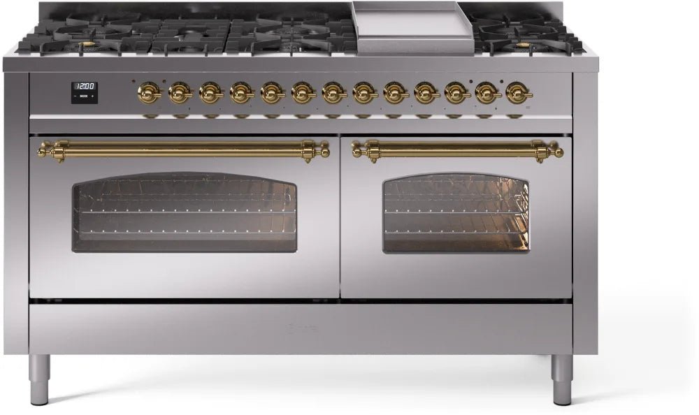 ILVE Nostalgie II 60-Inch Dual Fuel Natural Gas Range with Brass Trim - Stainless Steel Professional Stove for Gourmet Cooking | Perfect for Home Chefs & Luxury Kitchens
