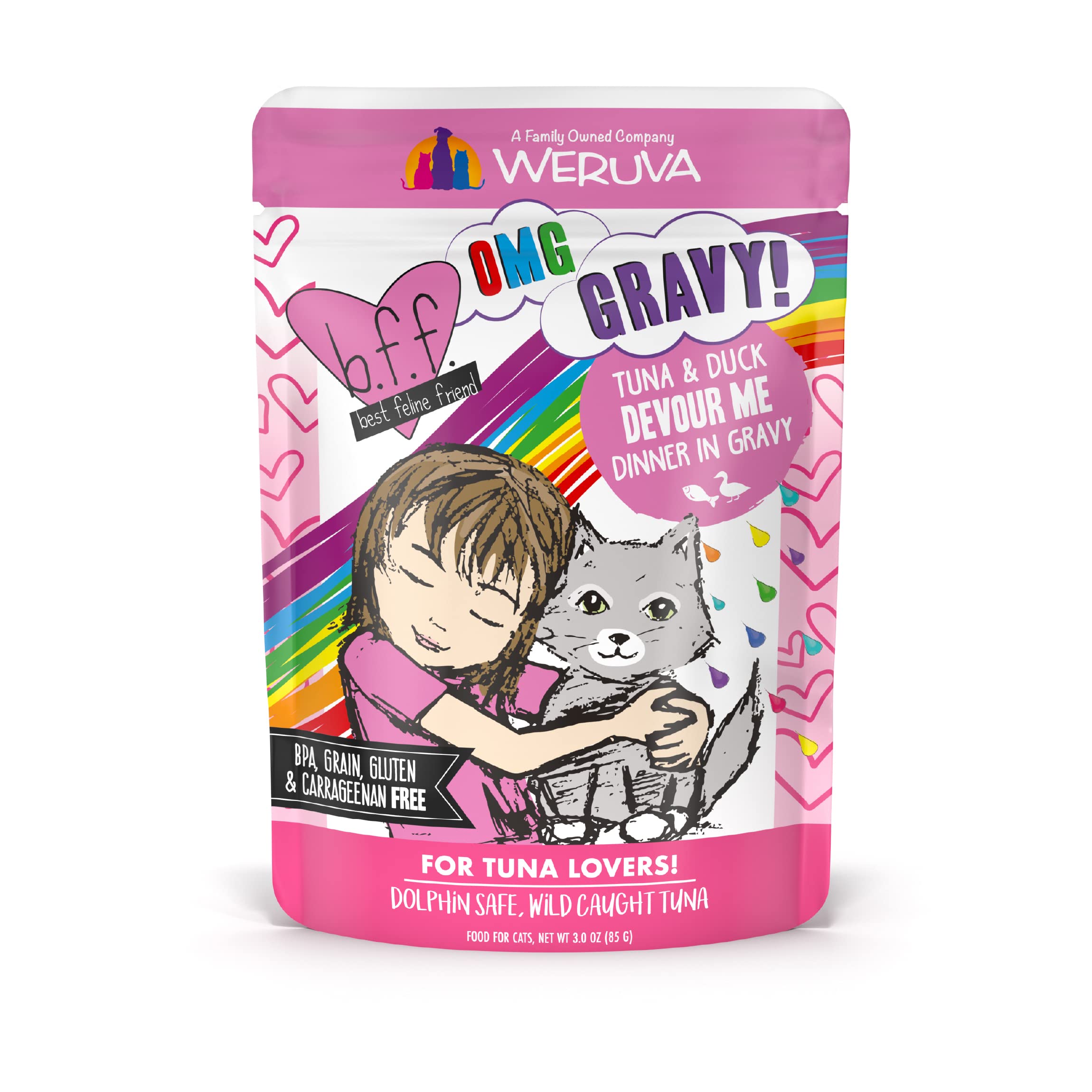 Weruva B.F.F. OMG Best Feline Friend Oh My Gravy! Tuna & Duck in Gravy Cat Food - Grain-Free, High Protein Wet Cat Food for Adult Cats, 3oz Pouch (Pack of 12) - Perfect for Mealtime, Travel & Treats