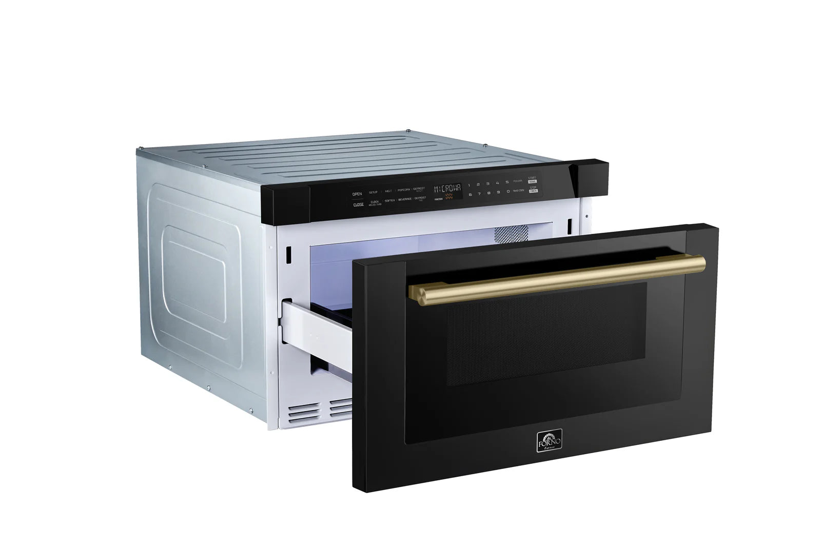 Forno 24 Inch Built-In Microwave Drawer in Black with Antique Brass Finish - FMWDR3000 24BLK - Perfect for Modern Kitchens & Small Spaces