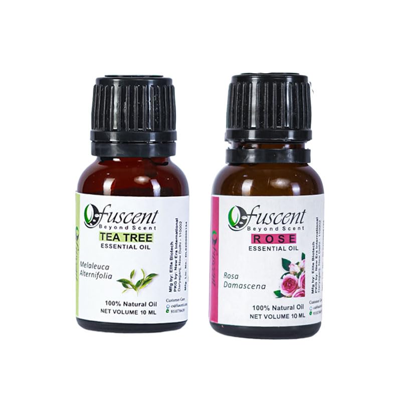 FUSCENT Premium Tea Tree & Rose Essential Oil Set (10ml x 2) - 100% Pure Organic Undiluted for Hair Care, Skin Care, Aromatherapy, Soap Making & Home Fragrance | Natural Relaxation & Wellness Essential Oils