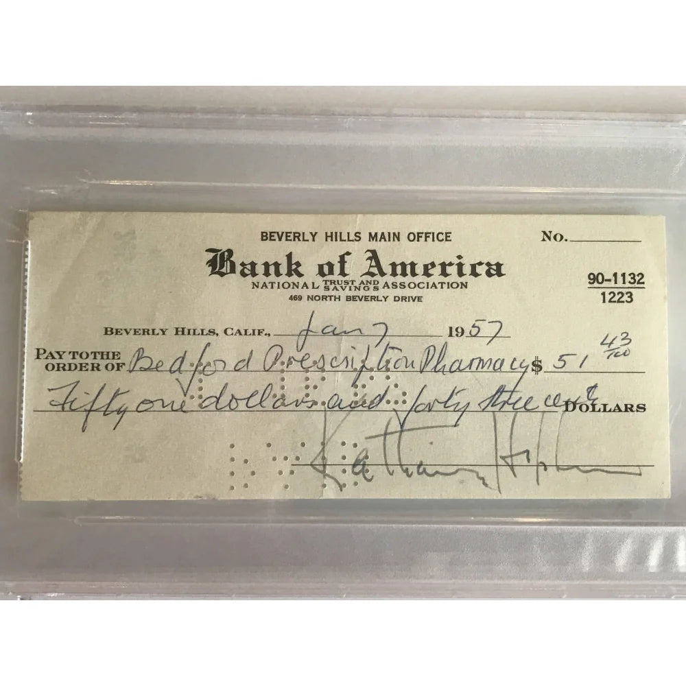 Authentic Katharine Hepburn Signed Check with PSA/DNA COA - Rare Philadelphia Story Movie Memorabilia - Perfect for Film Collectors & Classic Hollywood Fans
